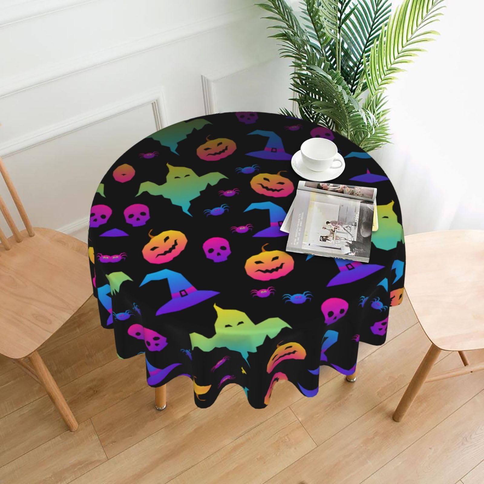 VCzsdff Rainbow Halloween Ghost Witch Hat Spiders Print Stain Resistant Round Tablecloth 60in Family Friendly Polyester Cloth for Kids Meals