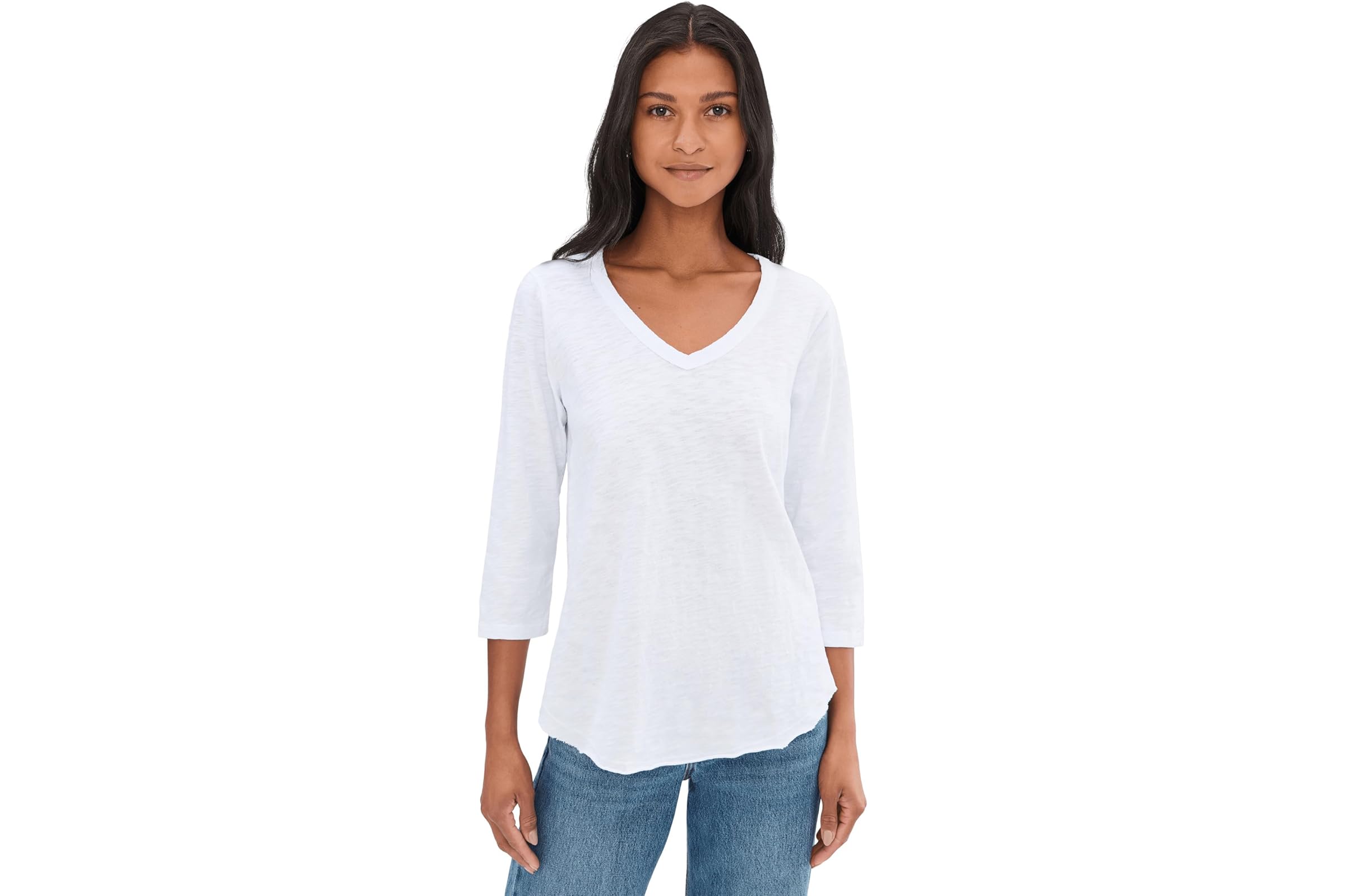 Mod-o-doc 3/4 Sleeve V-Neck Curved Hem Tee Shirt white halo