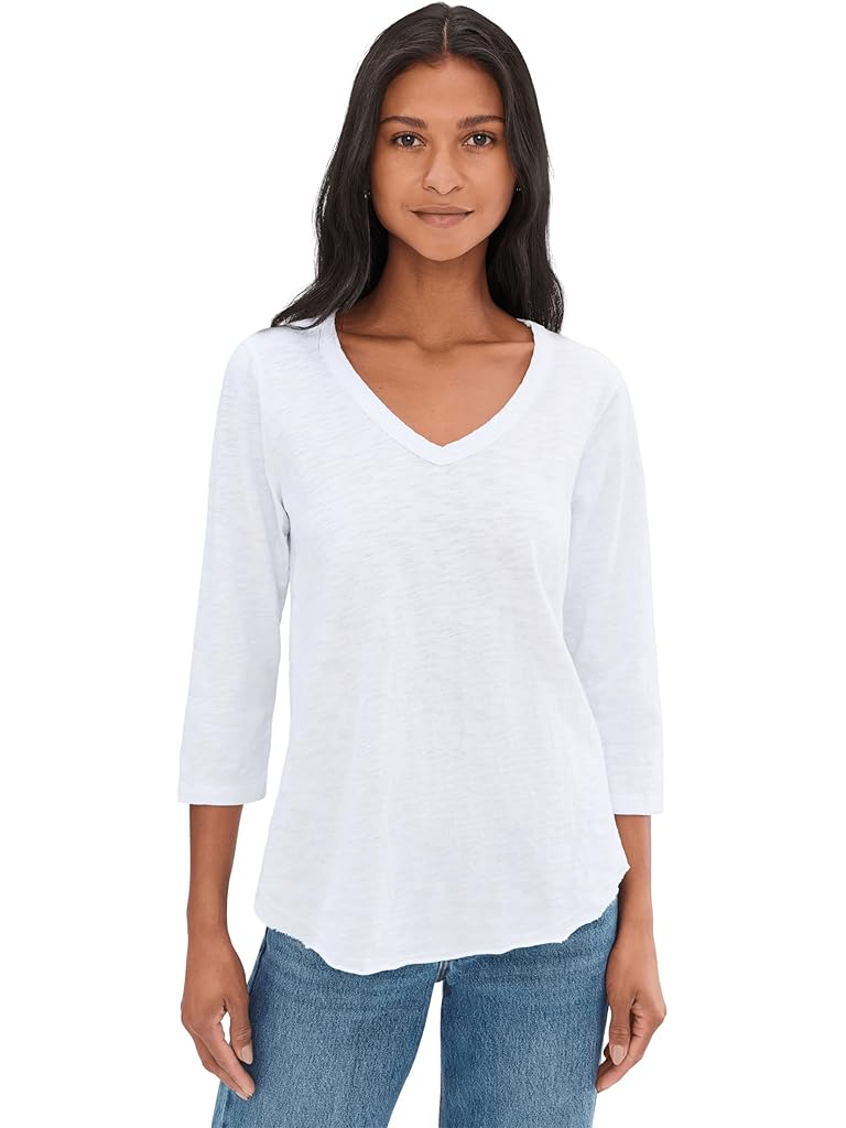 White Mod-o-doc 3/4 Sleeve V-Neck Curved Hem Tee Shirt