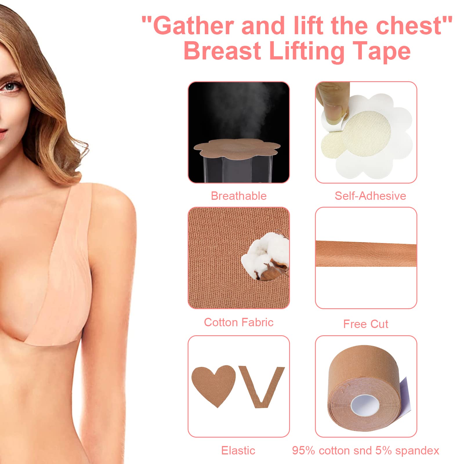 JIMACRO Taśma na piersi, 5 m x 5 cm niewidoczna taśma do ciała, taśma biustonosza do podnoszenia i 5 par pokrowców na płatki, taśma do podnoszenia piersi, wodoodporna i oddychająca