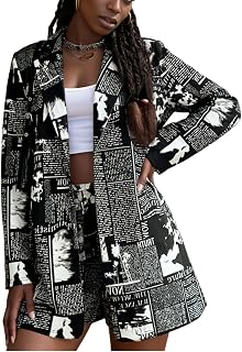 Women's Newspaper Print Single Button Blazer Lapel Collar Long Sleeve Wo...