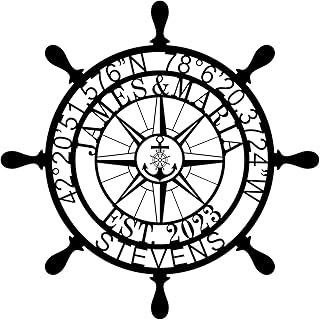 Nautical Wall Decor Anchor Compass Wall Decor Sign Family Name Sign Custom Longitude and Latitude GPS Coordinates Metal Sign Personalized Ship Wheel Metal Sign Last Name Signs for Home