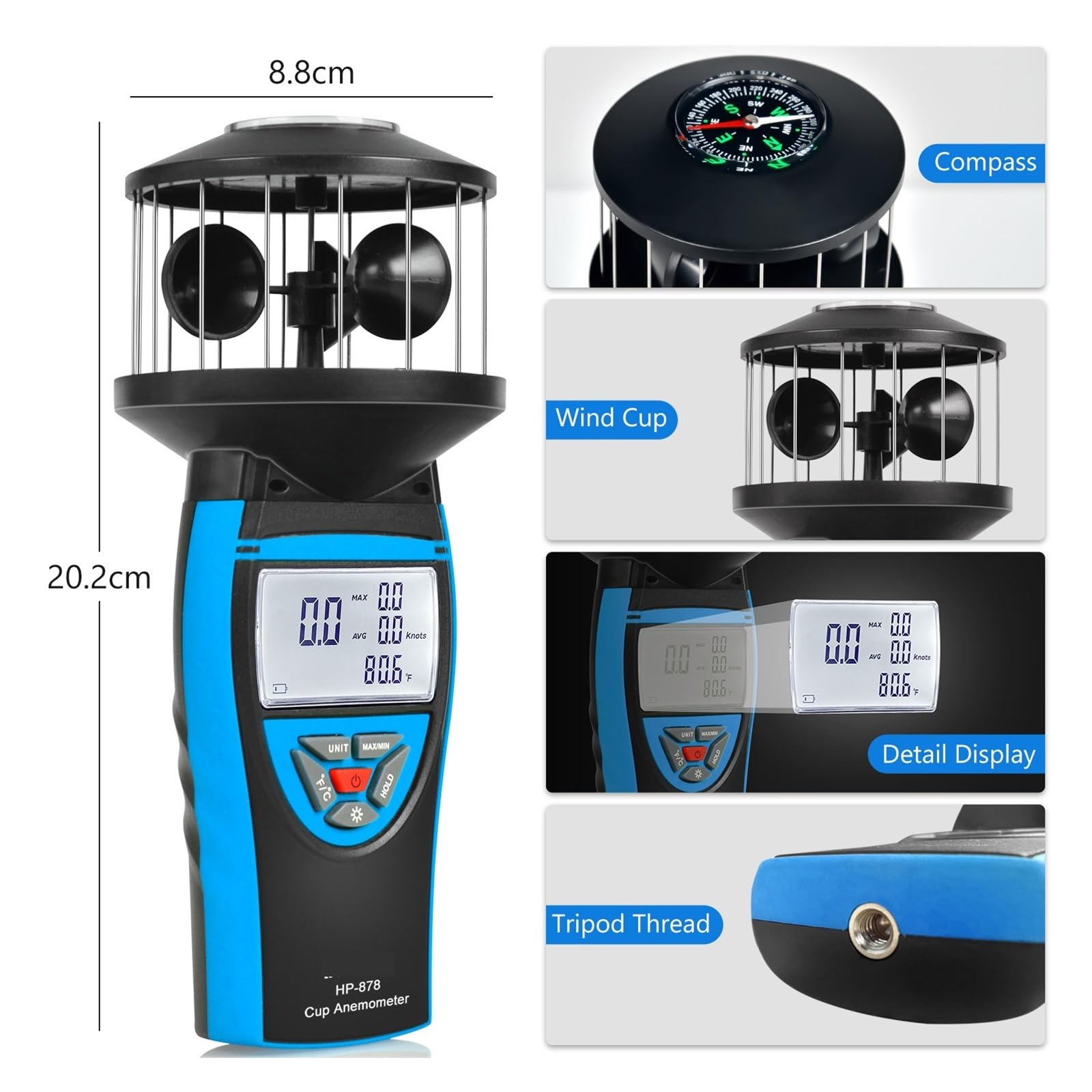Anemometry, Anemometr kubkowy ręczny, pomiar wielokierunkowy 360°, narzędzia do pomiaru prędkości wiatru, do windsurfingu