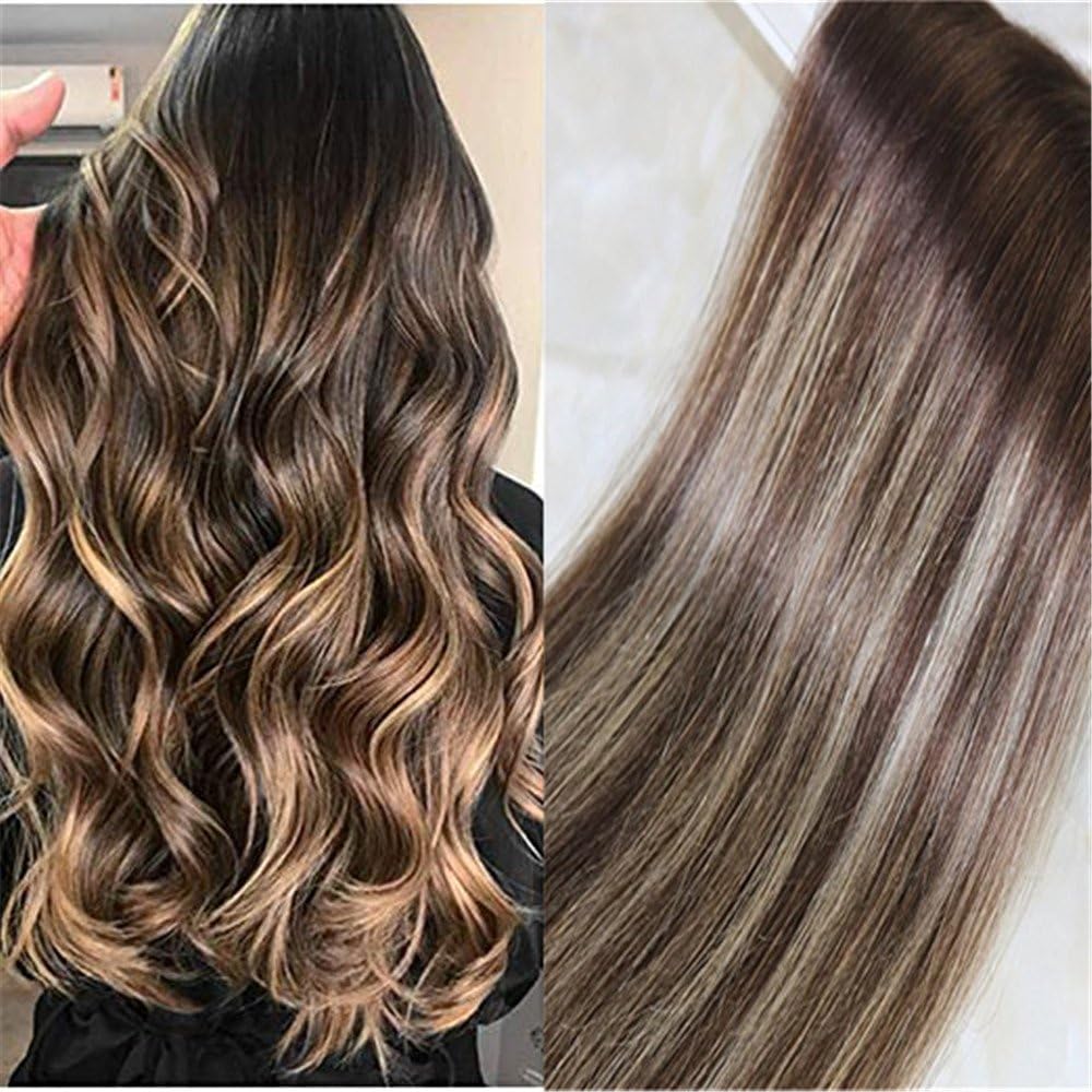 Highlighted Tape in Hair Extensions Human Hair Ombre Color Darker Brown #3 to Light Blonde #24 And #3 Highlighted Brown Balayage Remy Hair Extensions(22", 3/24/3)