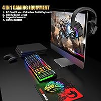 Vista 2 de Combo de teclado y mouse con cable para juegos, teclado con retroiluminación LED arcoíris, auriculares sobre la oreja con micrófono, mouse