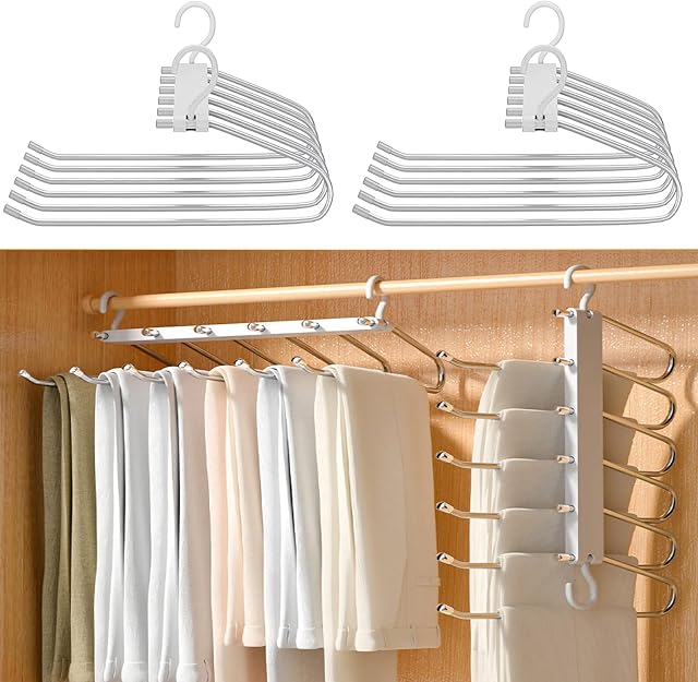 Trouser Hangers Space Saving -6 in 1 Stainless Steel Magic Pants Hangers Pants Organizer-Non-Slip Closet Storage Organizer for Skirts Jeans Scarves Belts Towels Ties Leggings. (2PC, White)
