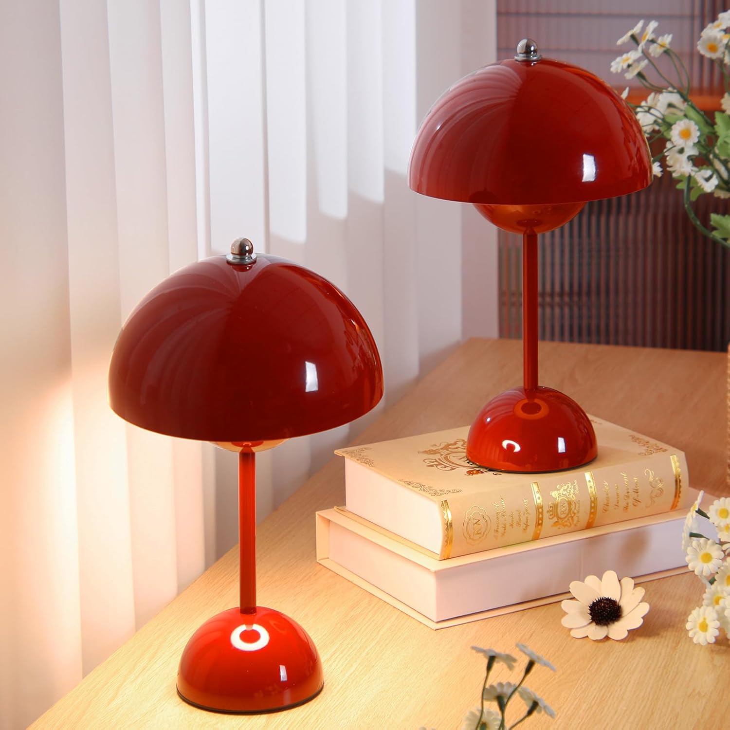 2 Pack Red Lamps Modern Small Table Lamp for Bedroom 12" Cute Dome Shade Reflecting Light Reading Lamps for Living Room, Kid's Room, Study, Office, Bedside Nightstand Desk Lamp for Home Decor