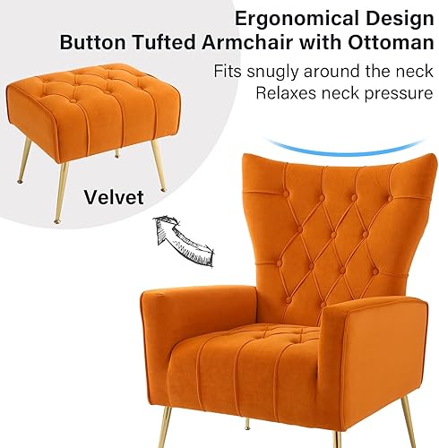 Miniatura 4 de Silla decorativa de terciopelo con otomana, moderno sofá con reposabrazos y respaldo ajustables, juego de sillón y reposapiés con botones, sillón
