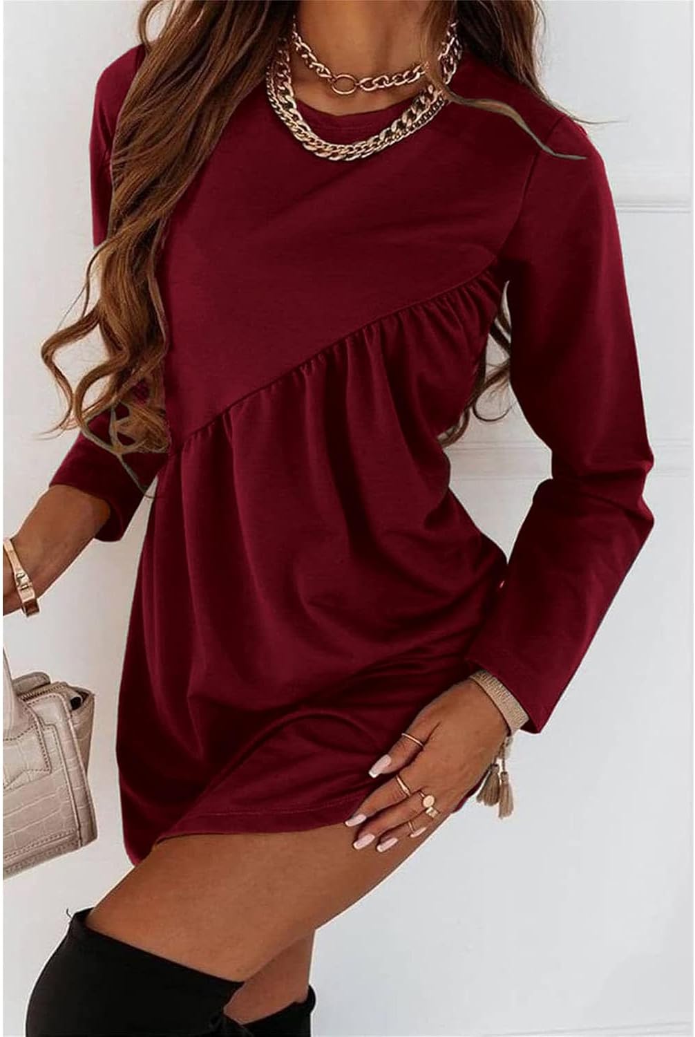 Womens Long Sleeve Casual Dress Crewneck Loose Solid Color Flowy Shift Ruched Mini Tunic Dresses Plain T-Shirt Dress