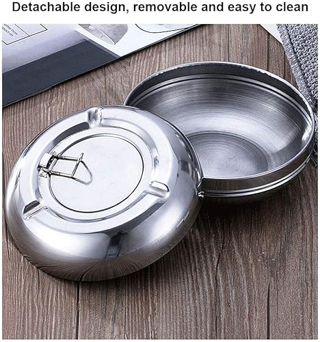 Miniatura 5 de Newness Cenicero de mesa moderno de acero inoxidable con tapa, 2 unidades, resistente al viento, para uso en exteriores o interiores, bandeja de