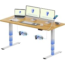 FLEXISPOT E5 Electric Standing Desk 2 Motors 3 Stage 160 * 80CM One Piece Desktop Height Adjustable Desk with Memory Smart Panel, Anti-collision System, White+Maple