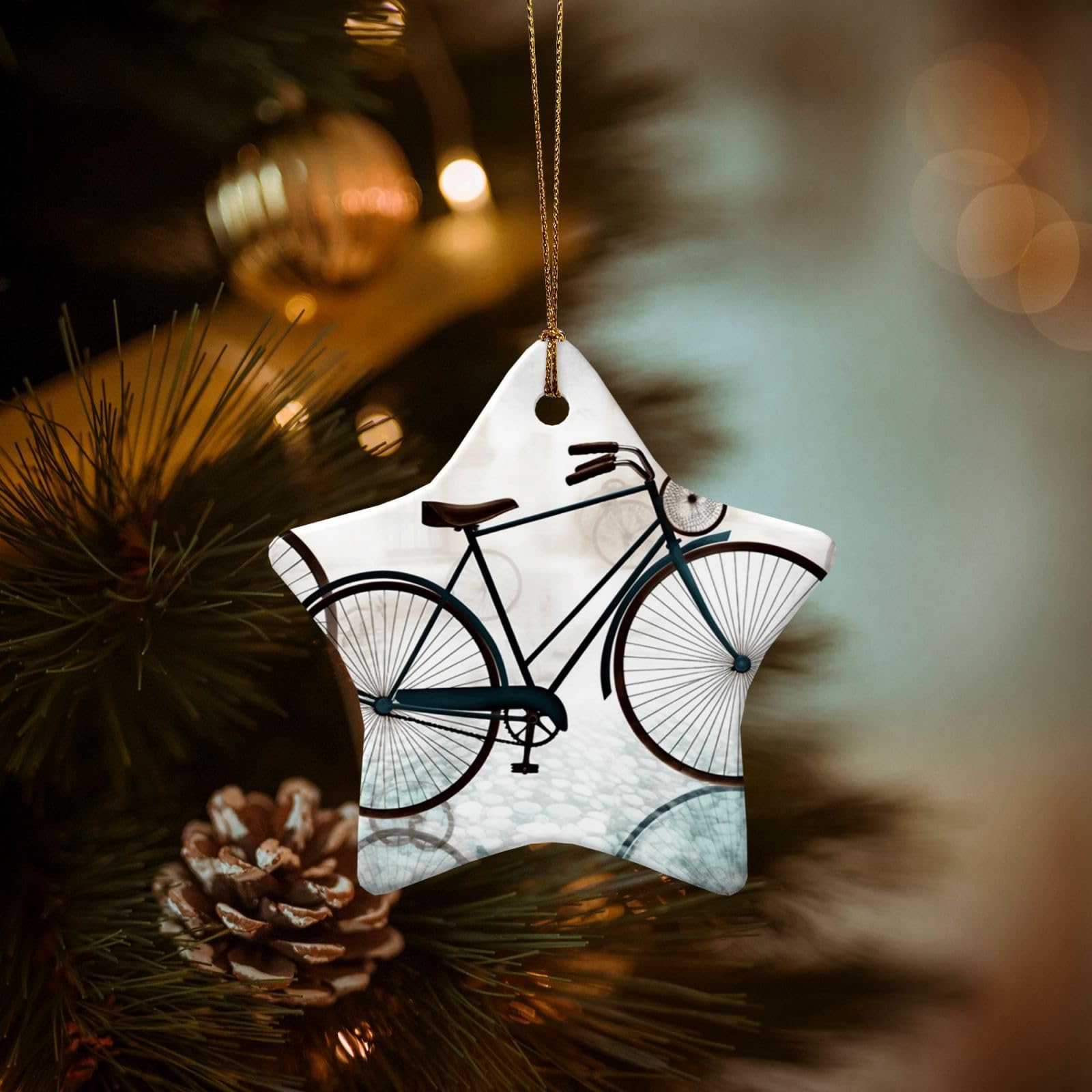 Christmas Ornaments for Christmas Tree Decoration Hanging Retro Bicycle Ornament with Gold Ribbon Crafts Star Shape Ceramic Pendant for Keepsake Gifts Xmas Decor Party Supplies
