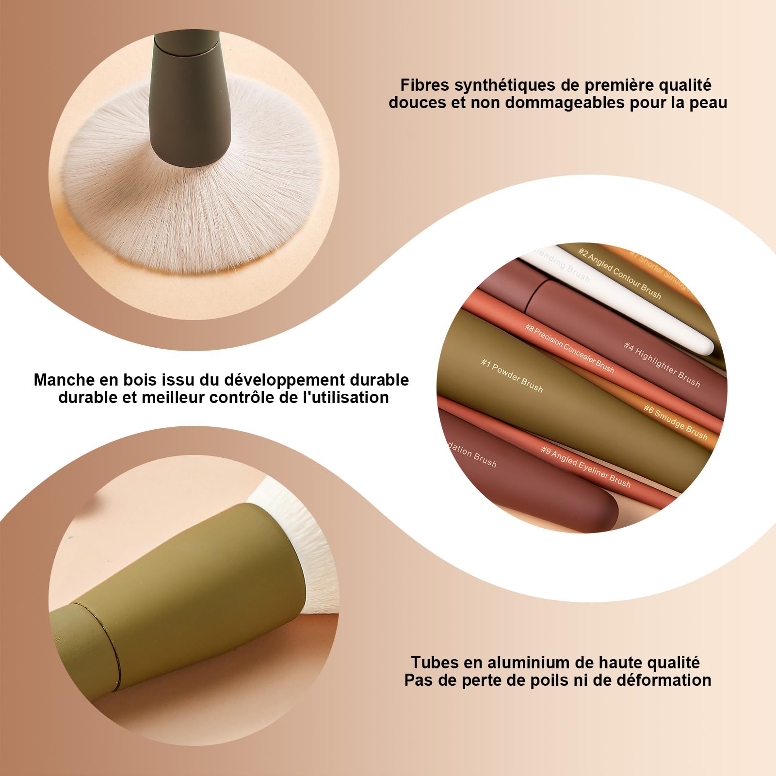 EIGSHOW Ensemble de pinceaux de maquillage de voyage essentiels à 5 couleurs avec fibres synthétiques extra-douces - Végétalien et sans cruauté envers les animaux