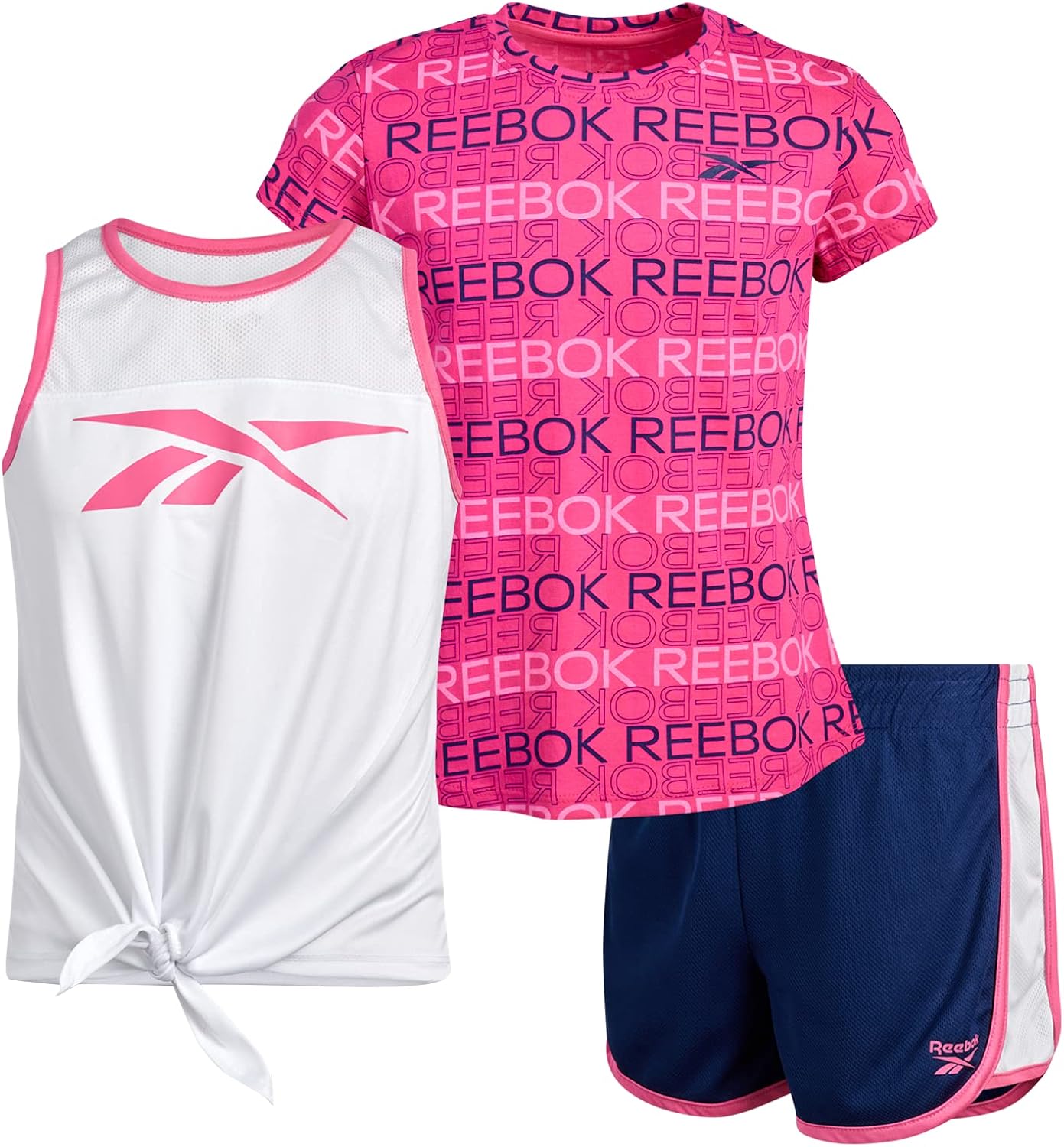 Reebok Girls' Shorts Set - 3 Piece Performance T-Shirt and Dolphin Running Gym Shorts (4-12)