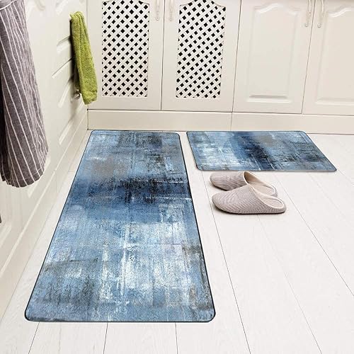 Vista 64 de TOMWISH - Tapetes de cocina para piso, color turquesa, gris, abstracto, pintura artística, 17 x 48 + 17 x 24 pulgadas, juego de alfombras de cocina