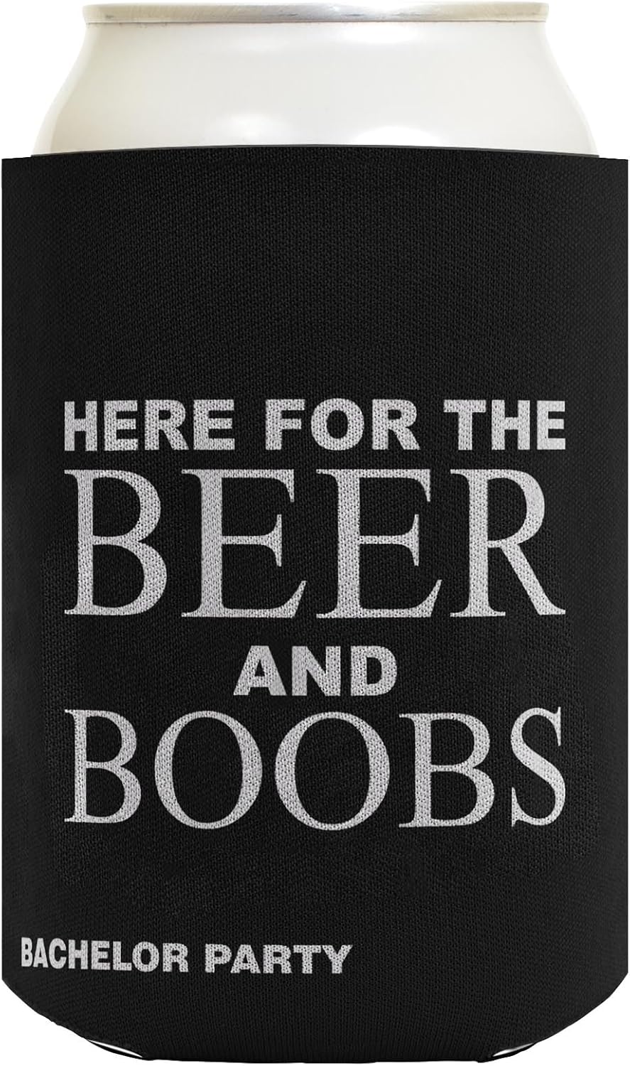 Funny Can Cooler Bachelor Party Here for Beer and Boobs Gag Gift Wedding Party 12-Pack Can Drink Thermocoolers