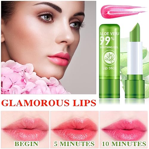 Miniatura 7 de Paquete de 3 lápices labiales de aloe vera, barra labial hidratante nutritiva de larga duración, lápiz labial mágico que cambia de color, brillo