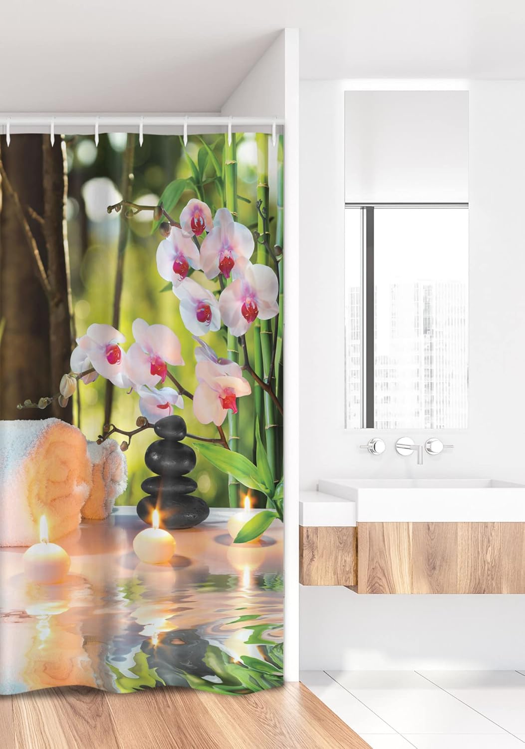 Ambesonne Spa Stall Shower Curtain, Massage Theme Candles Orchids and Stones in Garden Japanese Oriental, Fabric Bathroom Decor Set with Hooks, 36" W x 72" L, Green Fuchsia