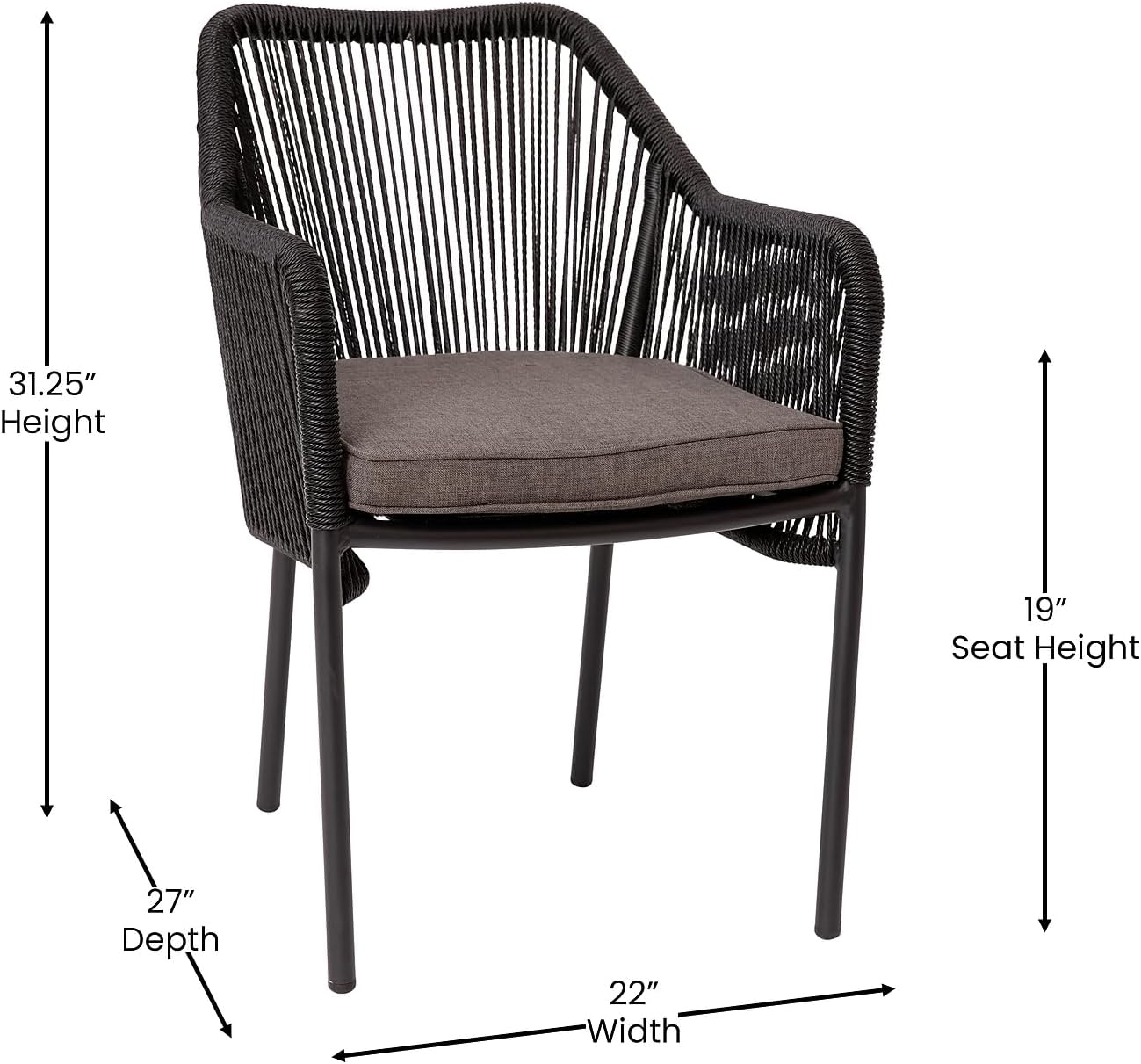 Flash Furniture Kallie Set of 2 Indoor/Outdoor Stacking Club Chairs with Arms - UV Resistant Woven Black Seat & Back - Gray Zippered Cushions - Black Aluminum Frame