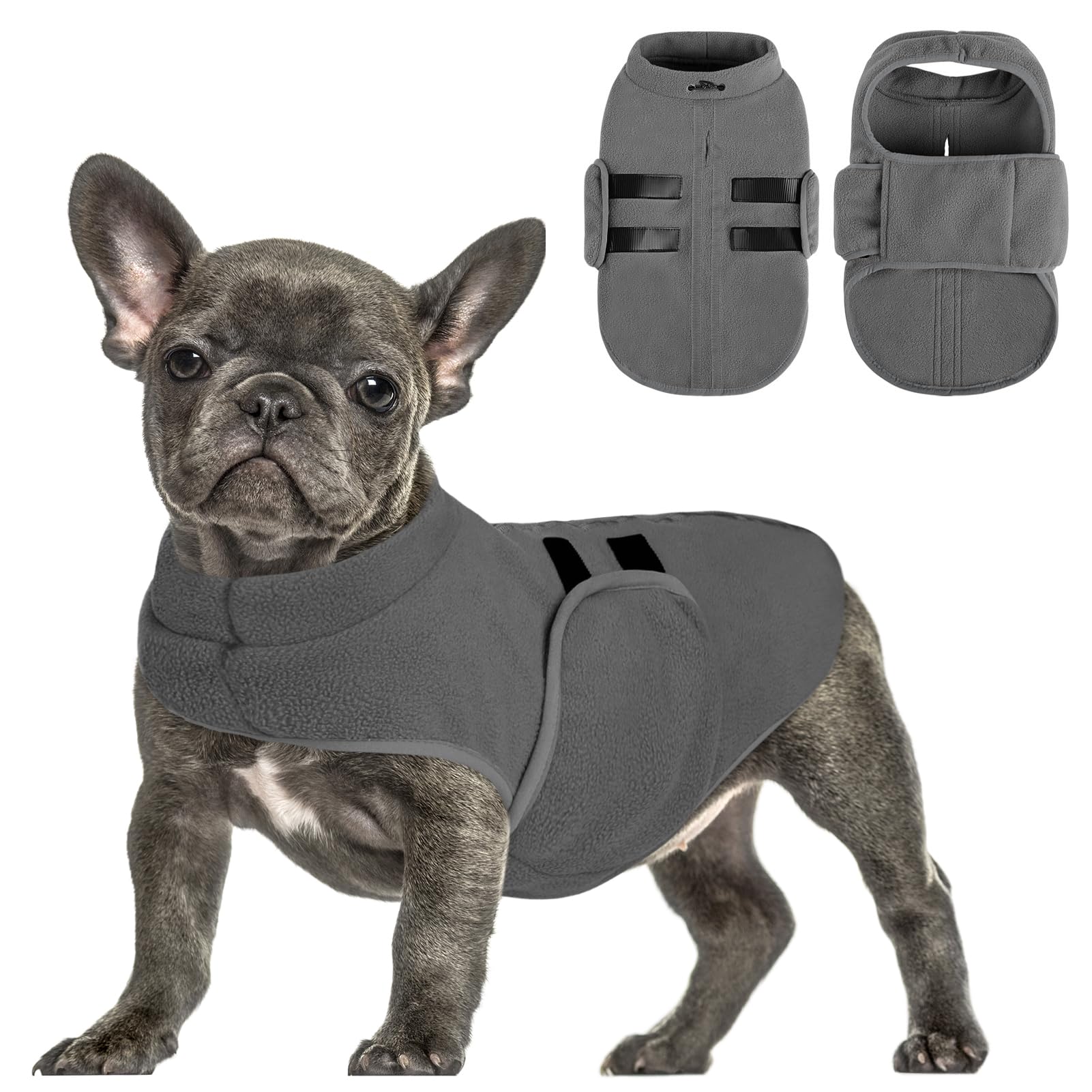 Queenmore Medium Fleece Dog Coat - Adjustable Warm Pullover Jacket With Leash Hole For Dachshund, Whippet, Beagle, Grey, M โ image 1