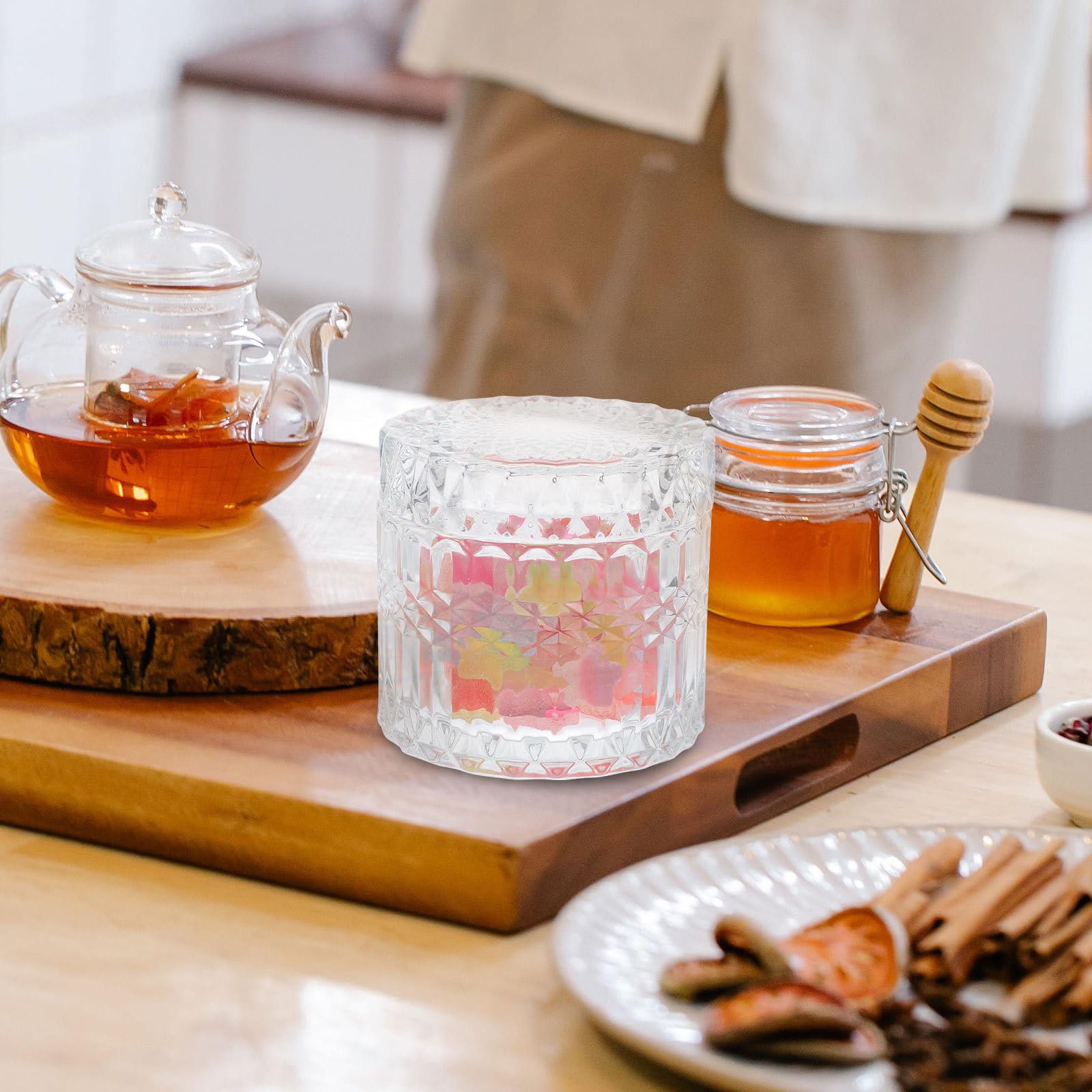Barattolo di Vetro Trasparente con Coperchio Ermetico, Contenitore per Caramelle e Snack, Porta Candele e Tè, Barattolo da Cucina Decorativo per Conservazione Alimenti e Uso