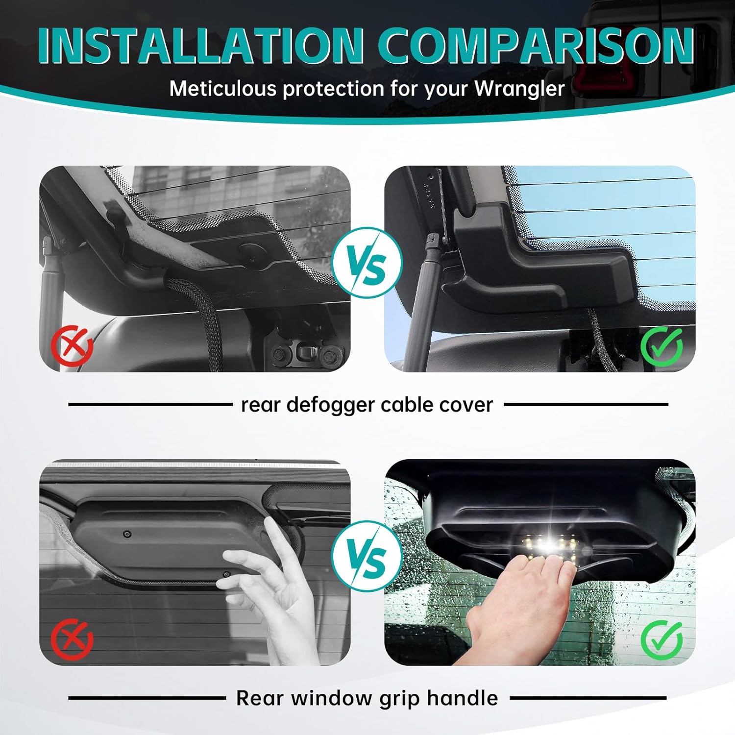 Rear Window Grip Handle & Defogger Cable Cover Compatible with 2018-2026 Jeep Wrangler JL JLU 4XE Rubicon Sahara Accessories, Rear Glass Lift Gate Dome LED Light for Camping & Fishing