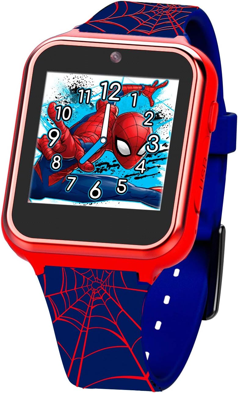 Angular view of the Spider-Man Touch Screen Interactive Watch, showing the side button and USB port, with a dynamic Spider-Man image on the screen.
