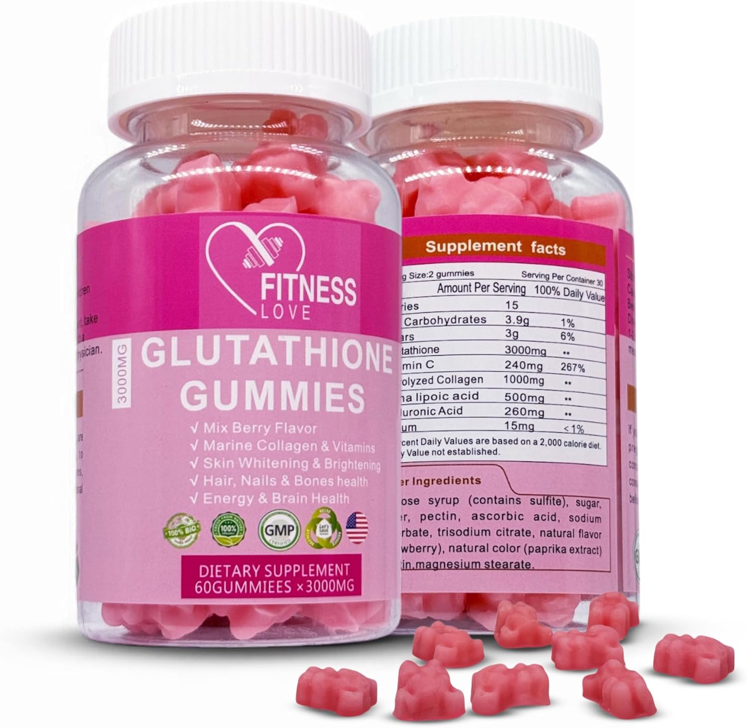 FITNESS LOVE Glutathione Gummies – L-Glutathione Supplement with Collagen, Vitamin C & Hyaluronic Acid – Gummy Vitamins for Adults – Antioxidant Support for Radiant Skin & Wellness