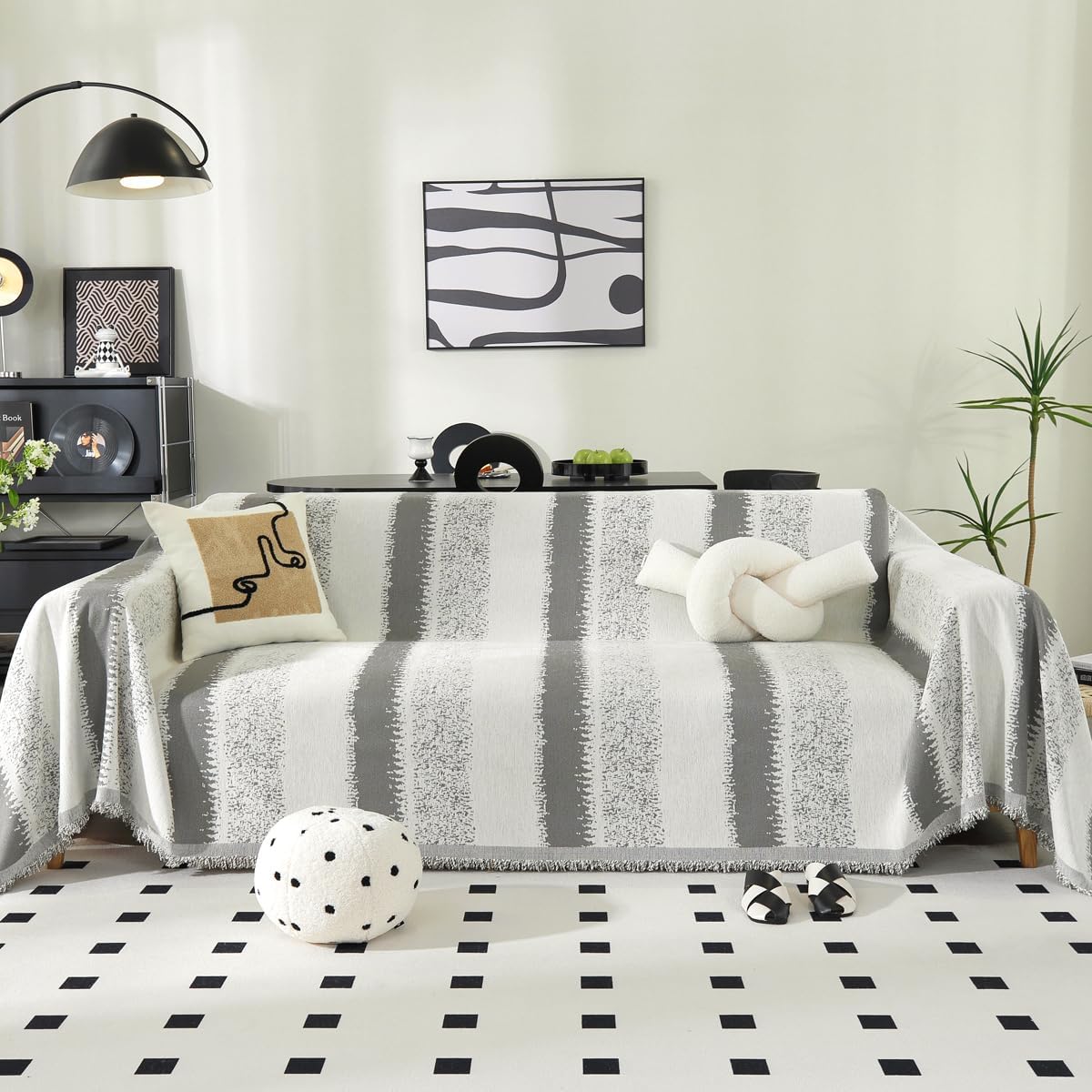 Booque Valley Boho Couch Cover Oversized Striped Chenille Slipcover for Sofa Soft Washable Pet Friendly Pill-Resistant Reversible Couch Protector for Living Room (Large, 72" x 120", Grey and White)