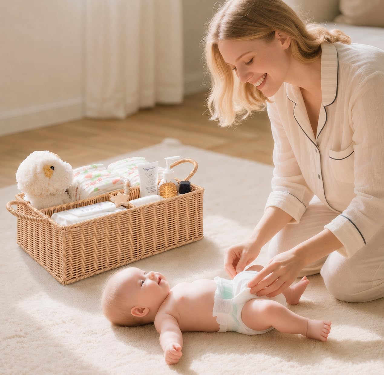 Windel-Caddy Organizer, Hand-Rattan, Babykorb, Wickeltisch-Organizer für Baby-Essentials, Babyparty-Geschenke, vielseitiger Regalkorb, Badezimmer-/Küchen-Organizer (Blush Beige, L)