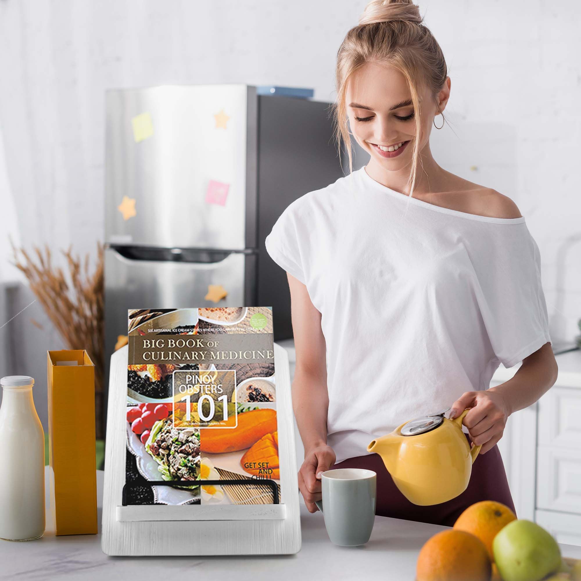 Soporte para libros de cocina, soporte de madera para recetas, soporte para libros de recetas con soporte ajustable, soporte para libros de cocina rústico (lavado en blanco)