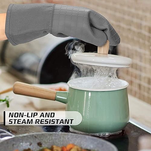 Vista 28 de Guantes de horno de silicona con forro de algodón acolchado – profesional resistente al calor olla de cocina soportes – 1 par, Negro