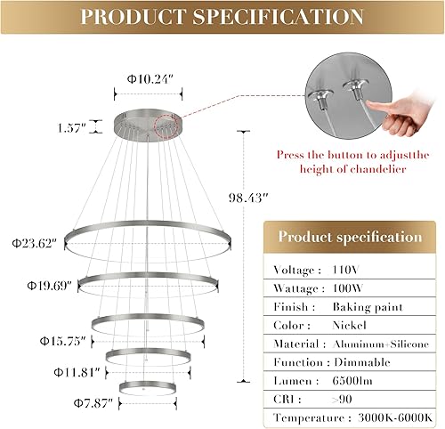 Miniatura 4 de Moedrn - Candelabros LED de 5 anillos de níquel cepillado, lámpara de vestíbulo regulable para techo alto, lámpara de níquel contemporánea regulable