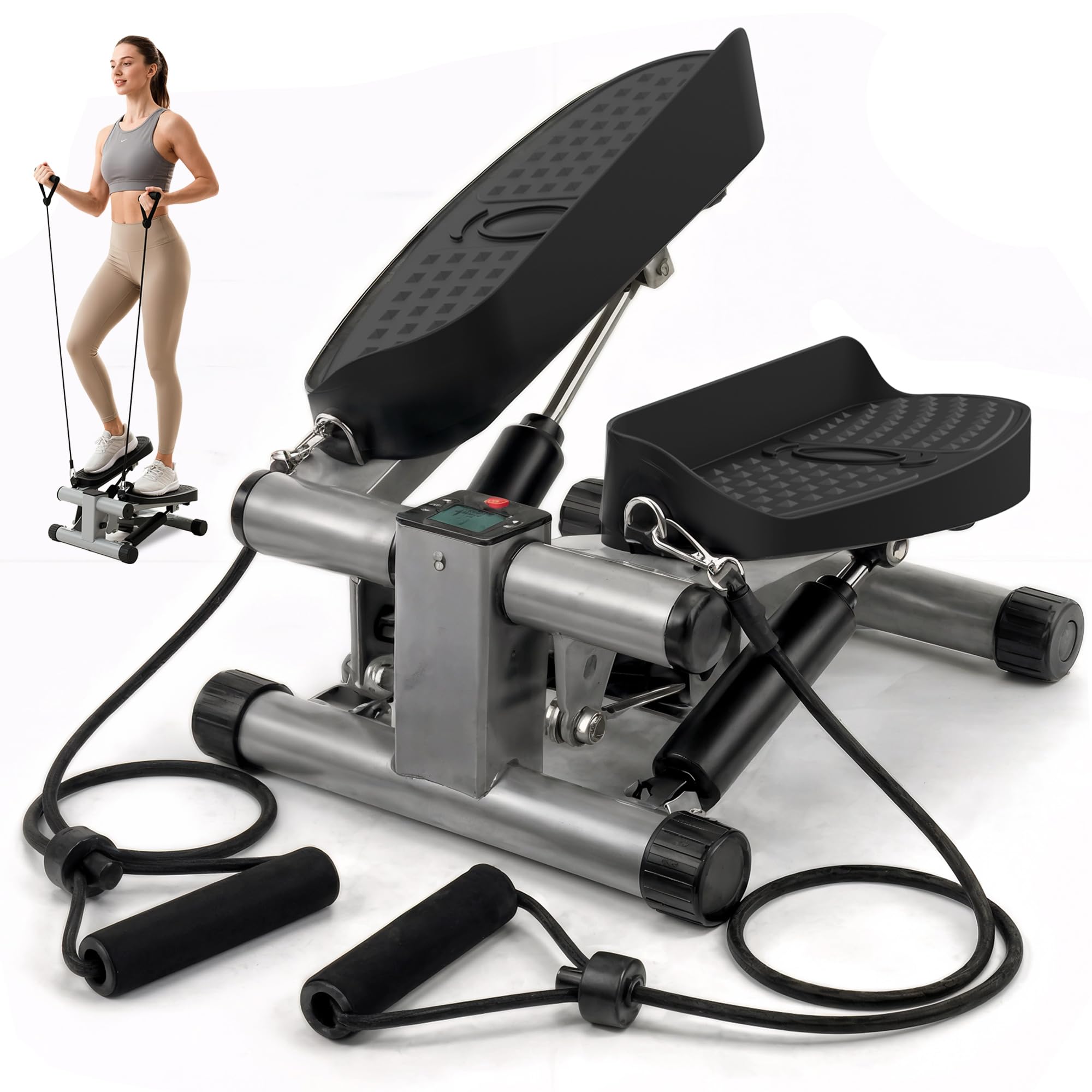 Niceday Mini Stepper for Home | Up-Down Stepper with Power Ropes | Home Trainer with LCD Display | 2 in 1 Training Device up to 100 kg | Leg/Arm Trainer, Home Fitness Exercise.