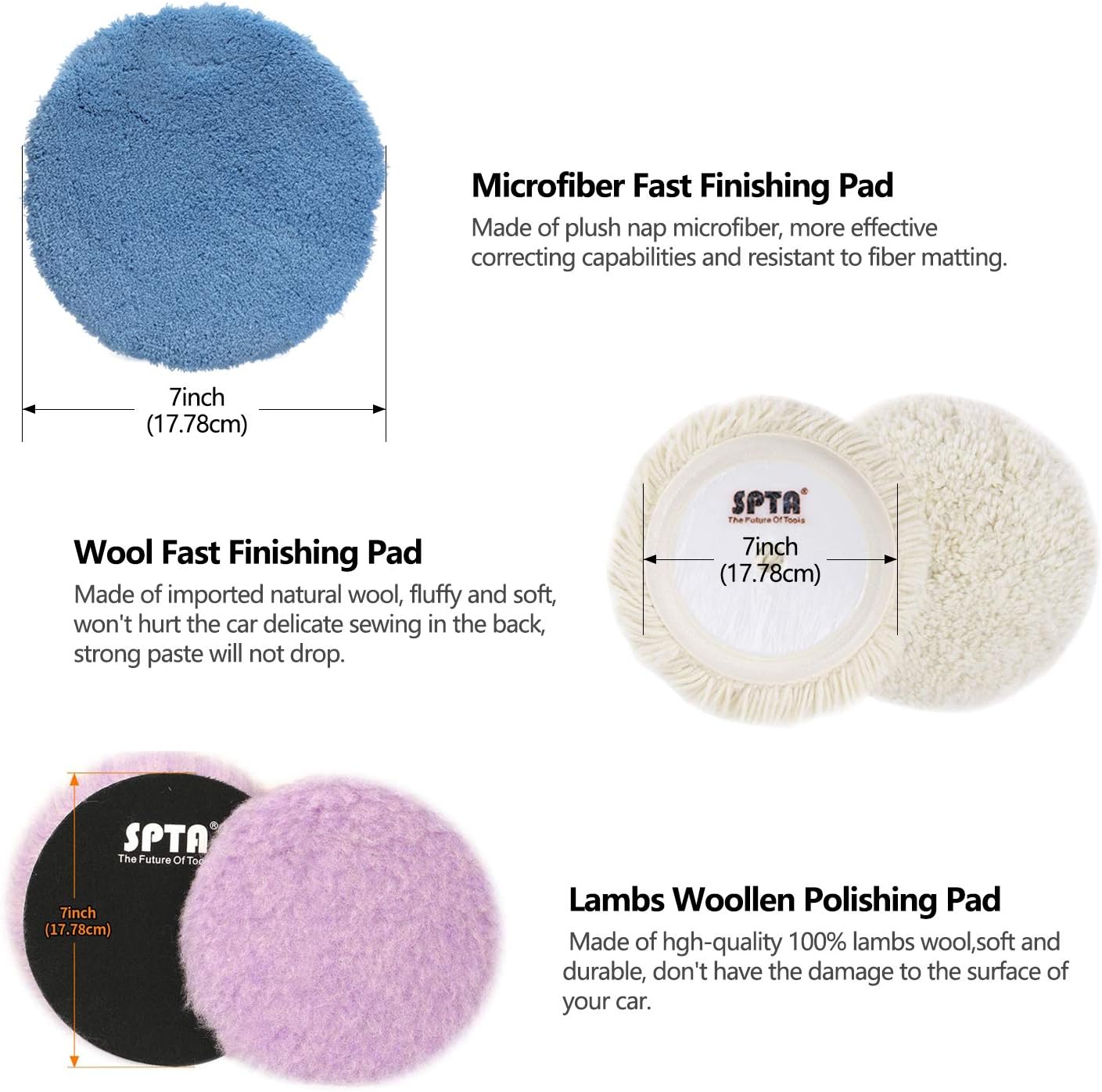 SPTA Polishing pad, Buffing pad, 7''/180mm Sponge Polishing Pad Kit with 5 Waffle Foam 1 Wool Grip Pad and a 5/8"-11 Threaded Backing Plate for Car Buffer Polisher Sanding,Polishing, Waxing : Automotive