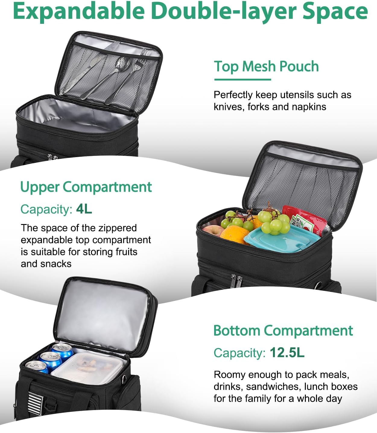 Tactical Lunch Box for Men, Large Insulated Lunch Bag for Adult, Heavy Duty Double Deck Expandable Lunch Cooler Bag with American Flag, Leakproof Soft Lunch Pail for Work Office Camping - Black - Image 3