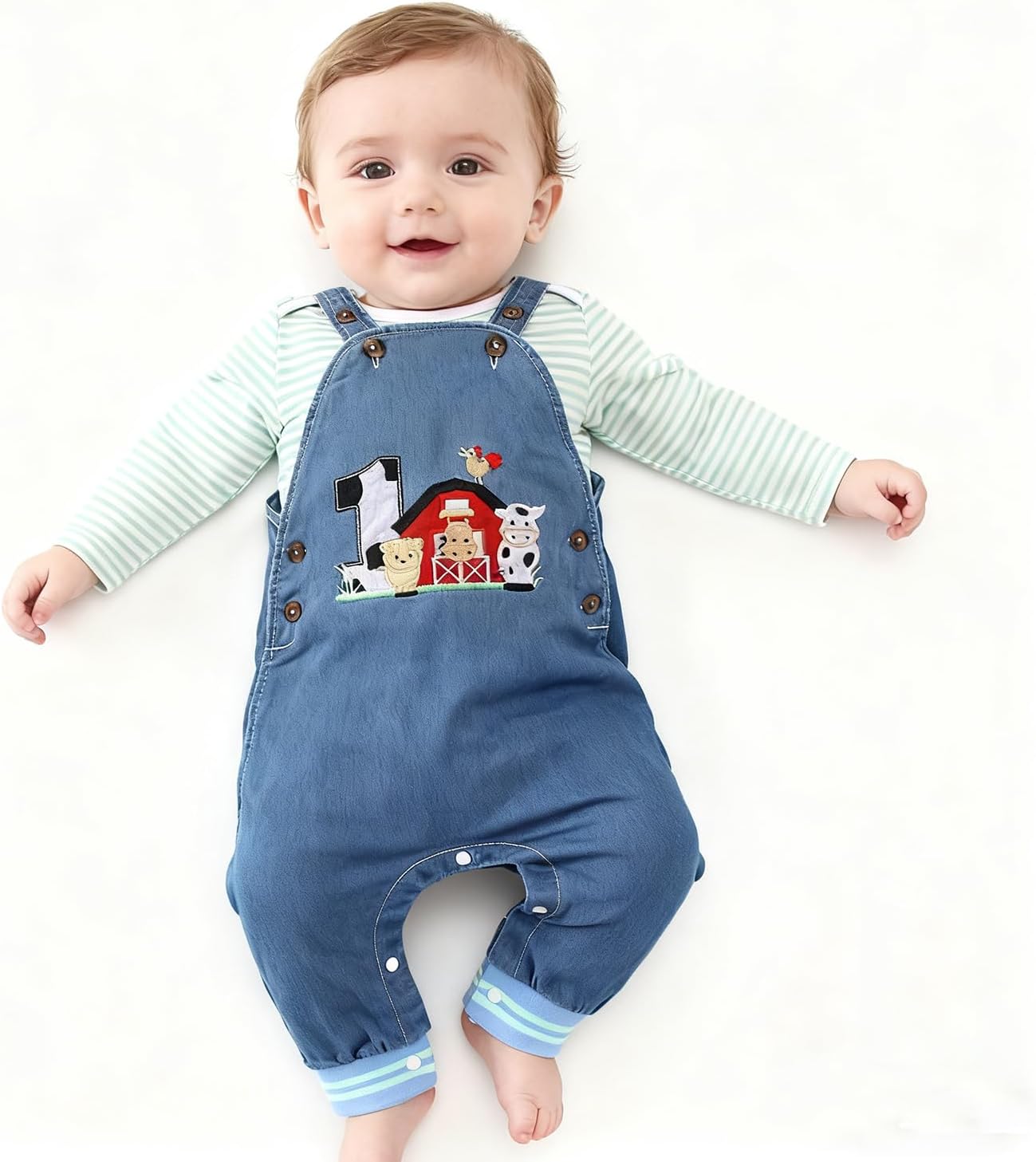 Ritatte Baby Boy 1st Birthday Outfits Striped Long Sleeve Romper Embroidery Print Suspender Jeans Jumpsuit Fall Overalls Set