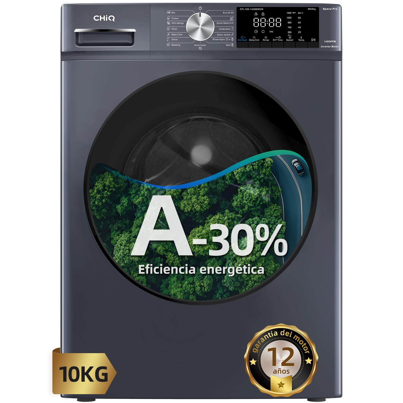 CHiQ Lavadora 10kg Carga Frontal CFL100-14586IM3XA, Class A-30%, Space Pro, Motor Inverter,1400 rpm, Programa inteligente de IA, Función Vapor, Lavado rápido 15 minutos, 15 progamas de lavado
