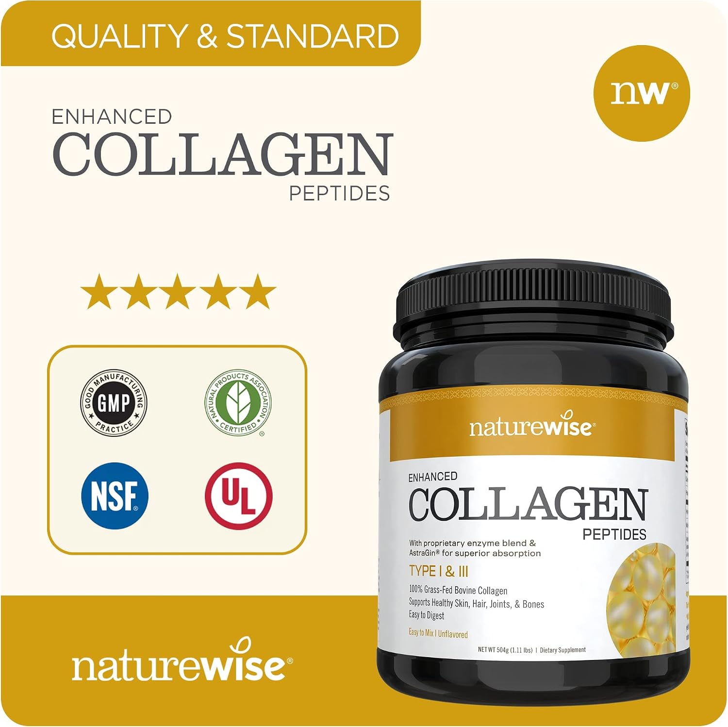 NatureWise Enhanced Collagen Peptides (45 Servings) - Hydrolyzed Type I & III to Support Hair, Skin, Joint, and Bone Health with Astragalus for Easy Absorption & Digestibility (1.11 LBS Net Weight)