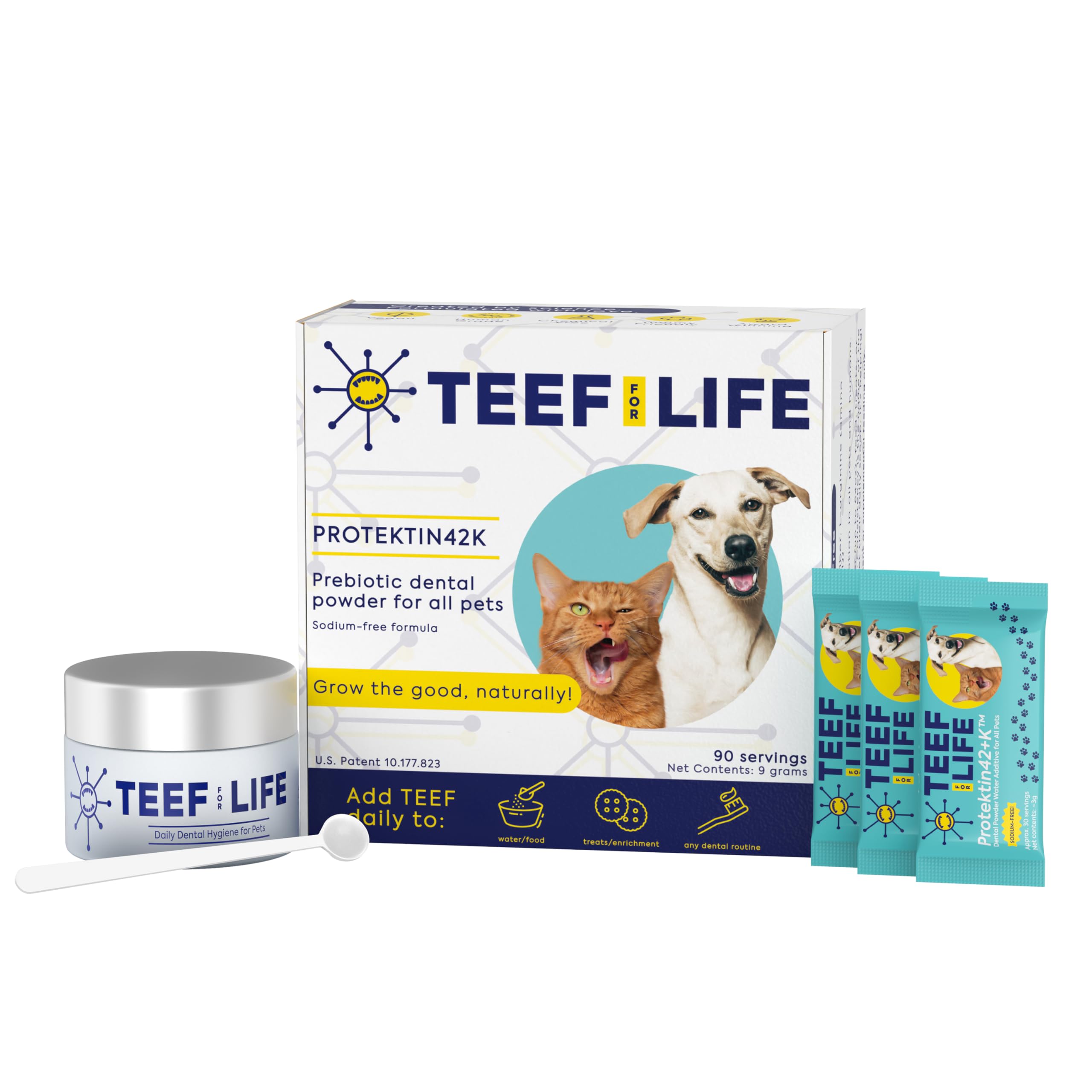 TEEF! Protektin42+K Cuidado dental diario derivado de plantas para todas las mascotas (sin sodio), aditivo de agua dental, combate naturalmente la placa y el sarro, kit dental con 90 porciones de por