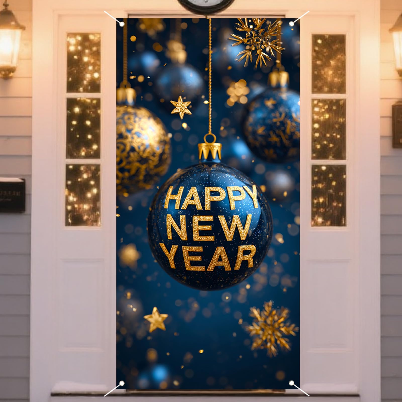 Happy New Year Door Cover Banner - Eve Decorations Blue Snowflakes 2026 Hanging Backdrop Sign Photo Booth Prop for Holiday Party Supplies (35x71 Inches)