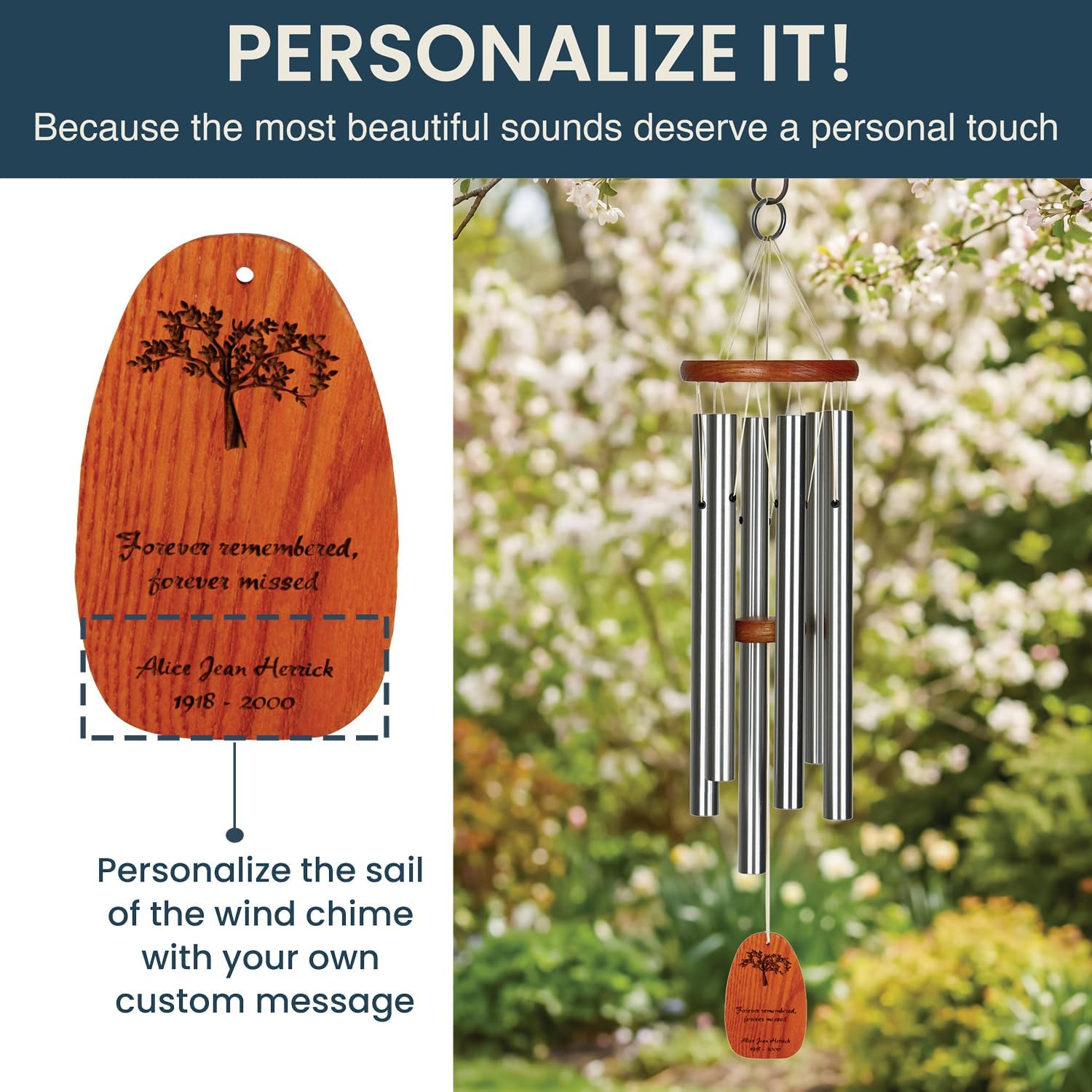 Woodstock Wind Chimes Personalized Tree of Life Amazing Grace Memorial Chime for Outside 40'' Large Silver Sympathy Customized Forever Inspirational Wind Chime for Outdoor Patio Home Garden Decor