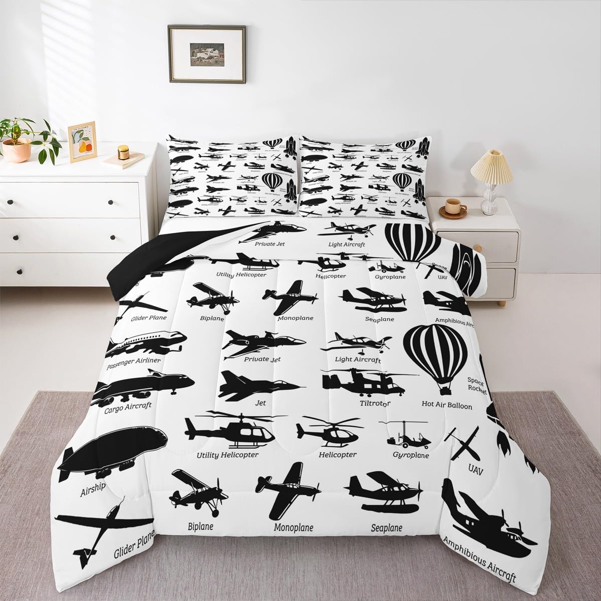 Erosebridal Airplane Comforter Set Twin,Black White Airplanes Bedding Set Space Rocket Aircraft Down Comforter for Boys Kids Teens Room Decor,