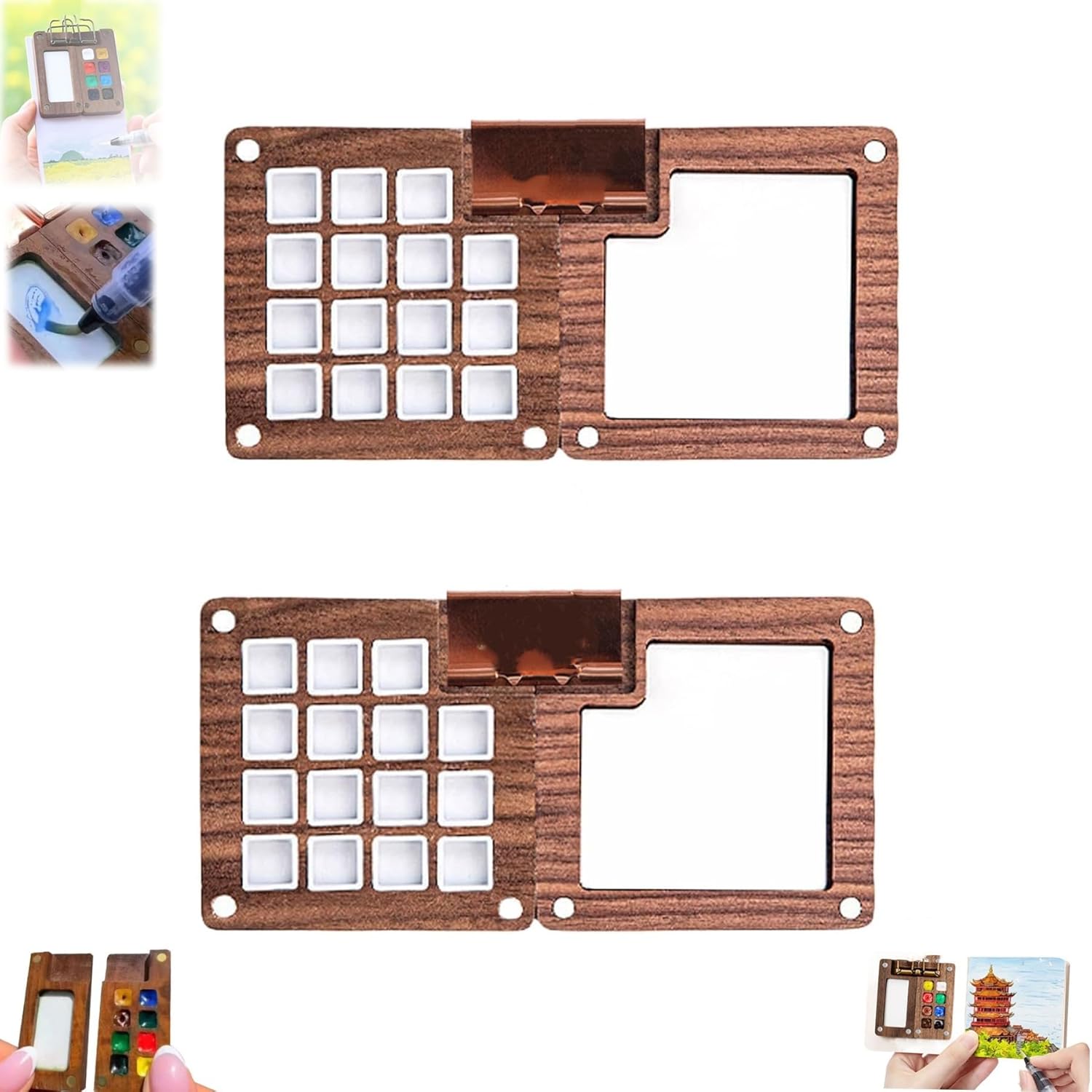 Watercolor Kit, Mini Watercolor Paint Set Paint Palette Travel Kit,Mini Wooden Watercolor Paint Set,Pocket Artist Watercolor Travel Sets (15 Grid-2PCS)