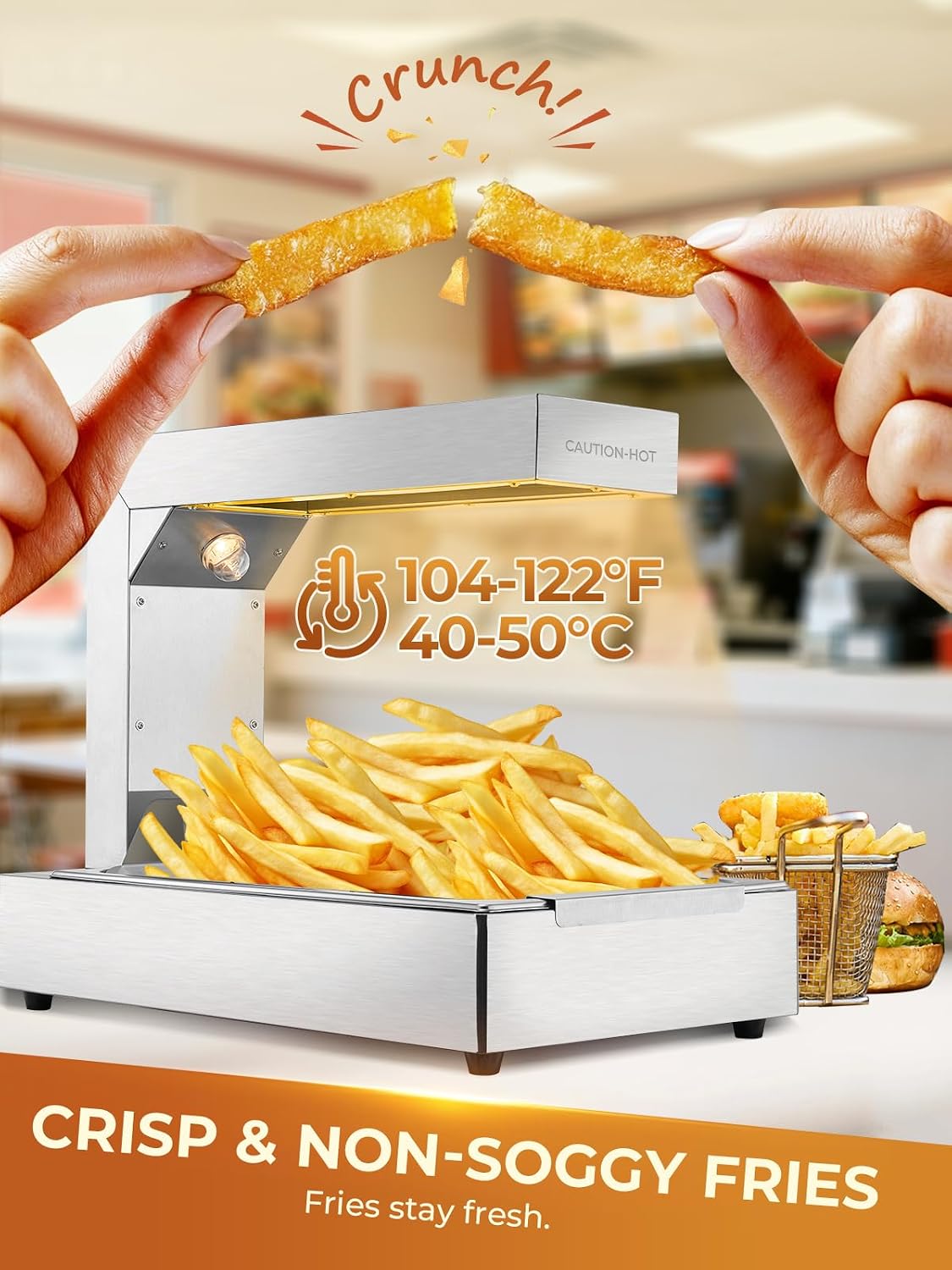 French Fry Warmer, 10QT Commercial Heat Lamps for Food, 750W French Fry Food Warmer Dump Station Countertop, 122°F Heat Lamp for Chickens, Chips Buffet Restaurant Parties, Restaurant Equipment