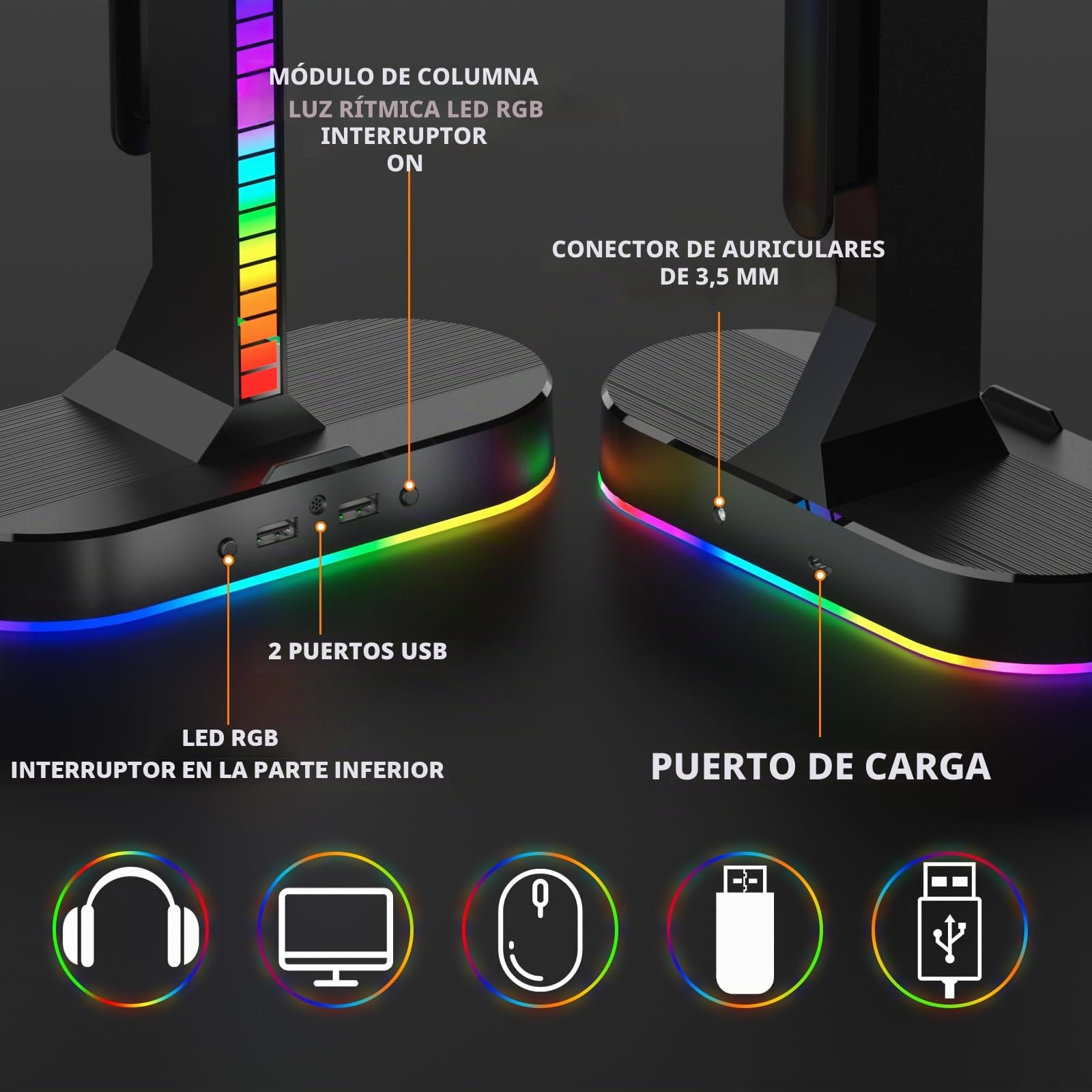 Soporte Doble RGB para Auriculares con Cargador USB, Soporte Doble para Auriculares para Juegos con 2 Puertos USB y Puerto de Audio de 3.5 mm, luz LED RGB para Todos los Auriculares, Mesa de Jugador