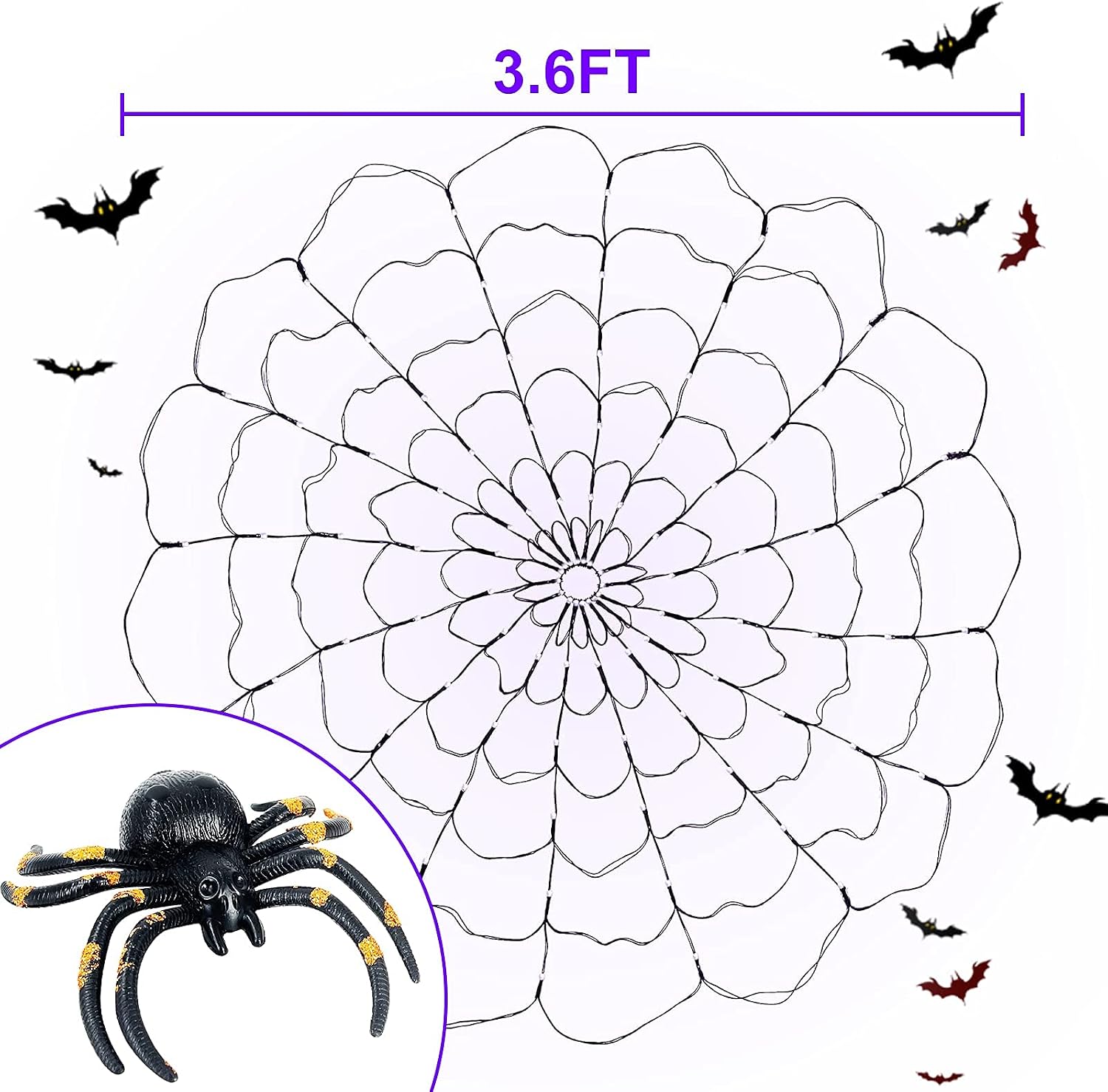 TURNMEON 3.6Ft 96 LED Halloween Spider Web Lights Timer 8 Flashing Modes Orange Spider Battery Operated Net Lights Scary Halloween Decorations Indoor Outdoor Home Yard Garden Party Bar (Purple)