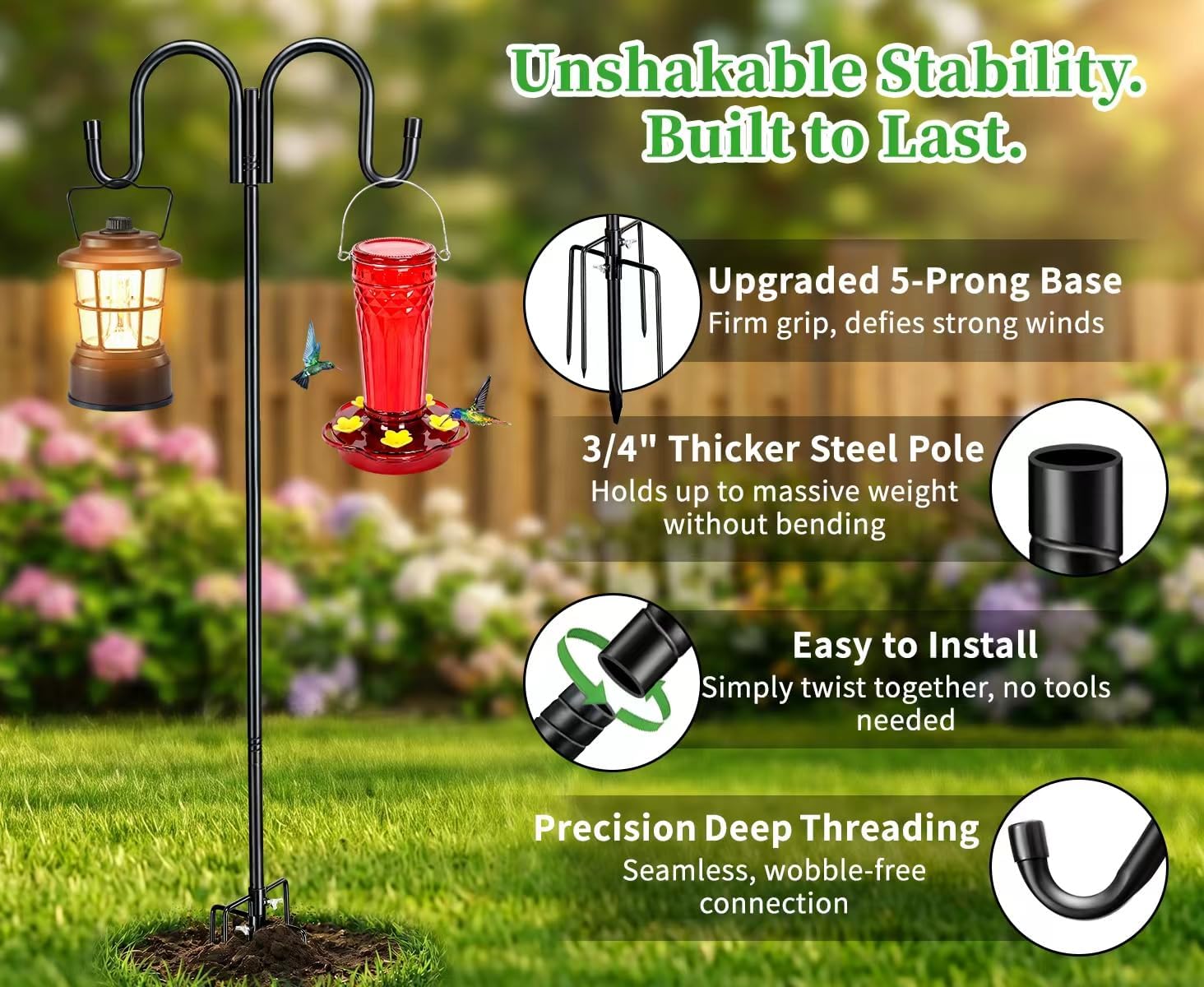 Double Shepherds Hook Heavy Duty, 98 Inch Adjustable Bird Feeder Pole with 5 Prongs Rustproof Base, Outdoor Shepard Hook for Hanging Bird Feeders, Hummingbird Feeder, Solar Lights, Lanterns image 3