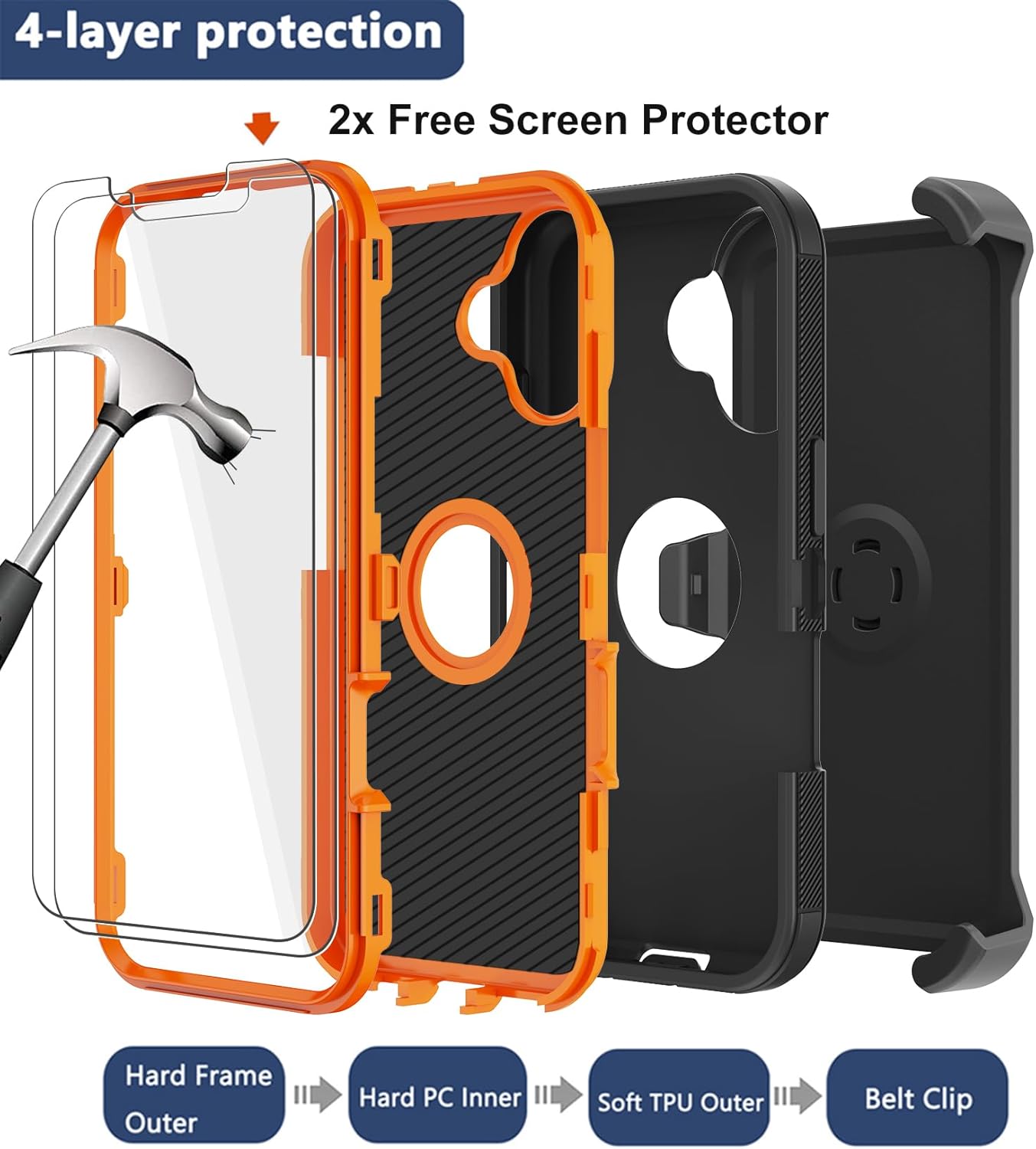 RubCase for iPhone 16 Phone Case, Military Grade Drop Protection Cell Phone Cover with Belt Clip Holster Stand, Screen Protector x2 Rugged Shockproof Kickstand for iPhone 16 Case 6.1 inch (Orange) - Image 3