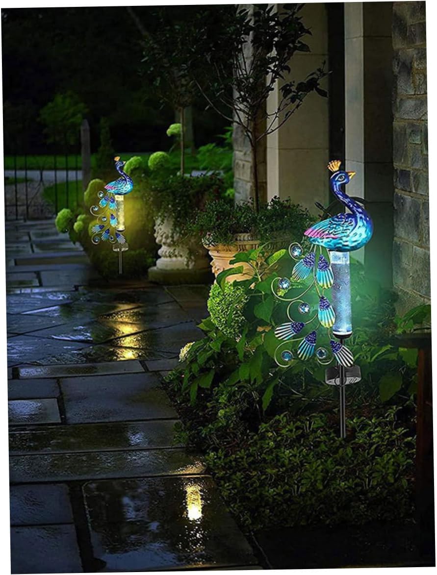 Rain Gauge Light Solar Powered Metal Peacock Garden Stakes Waterproof Yard Decorations.